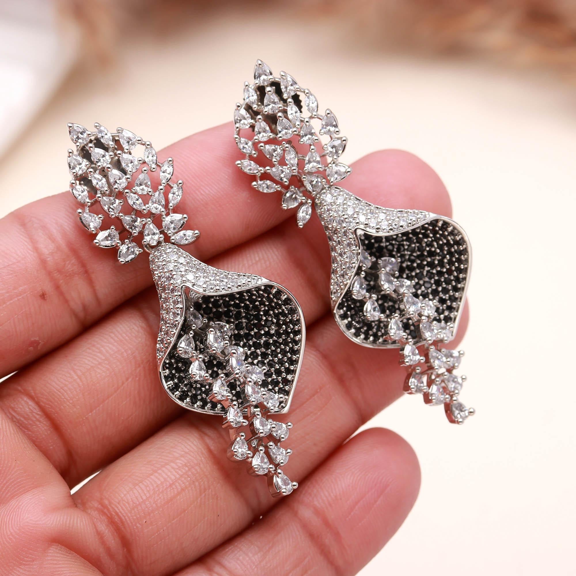 Luxurious Sapphire Blue & White American Diamond (AD) Floral Drop Earrings | Statement Party Wear - Haamsi