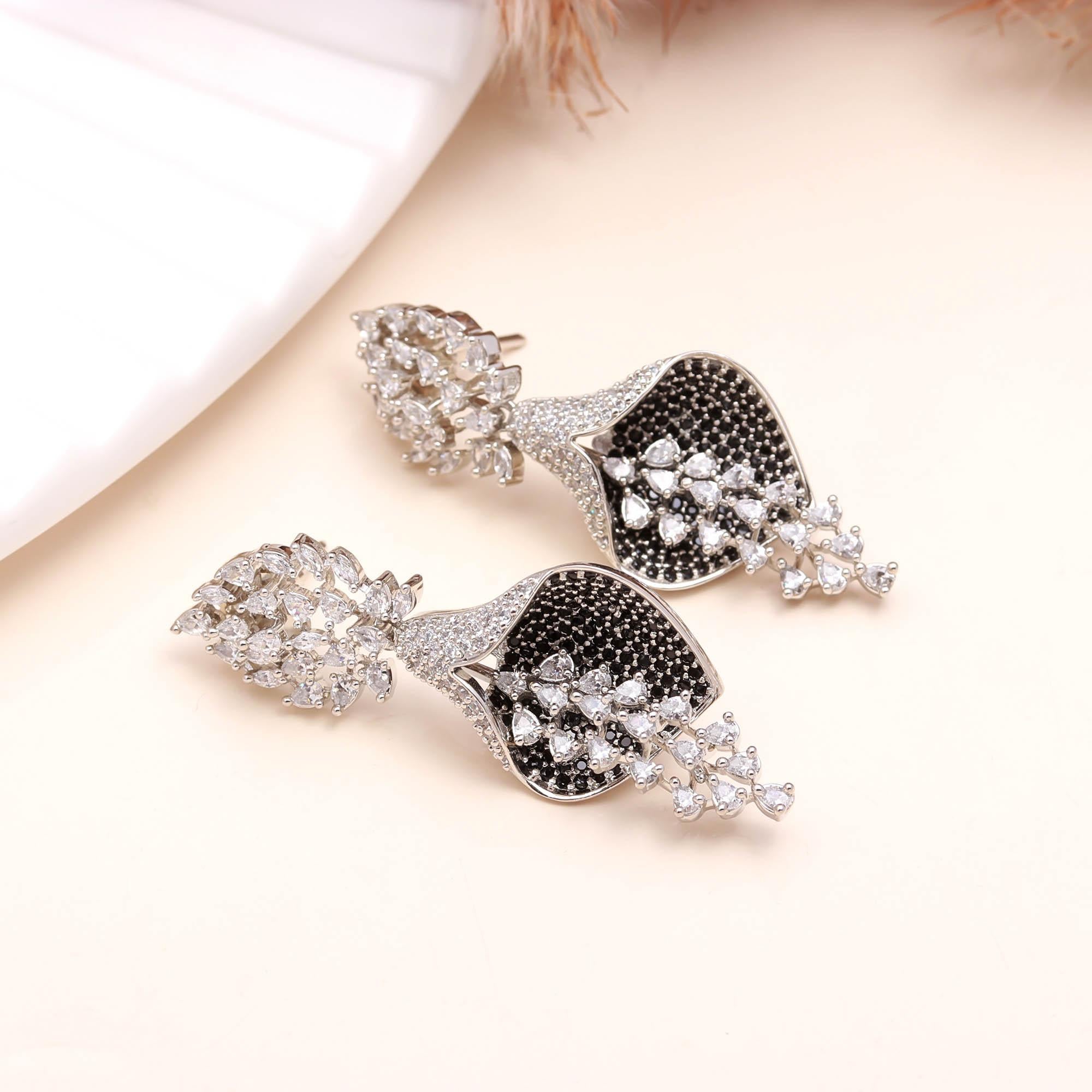 Luxurious Sapphire Blue & White American Diamond (AD) Floral Drop Earrings | Statement Party Wear - Haamsi