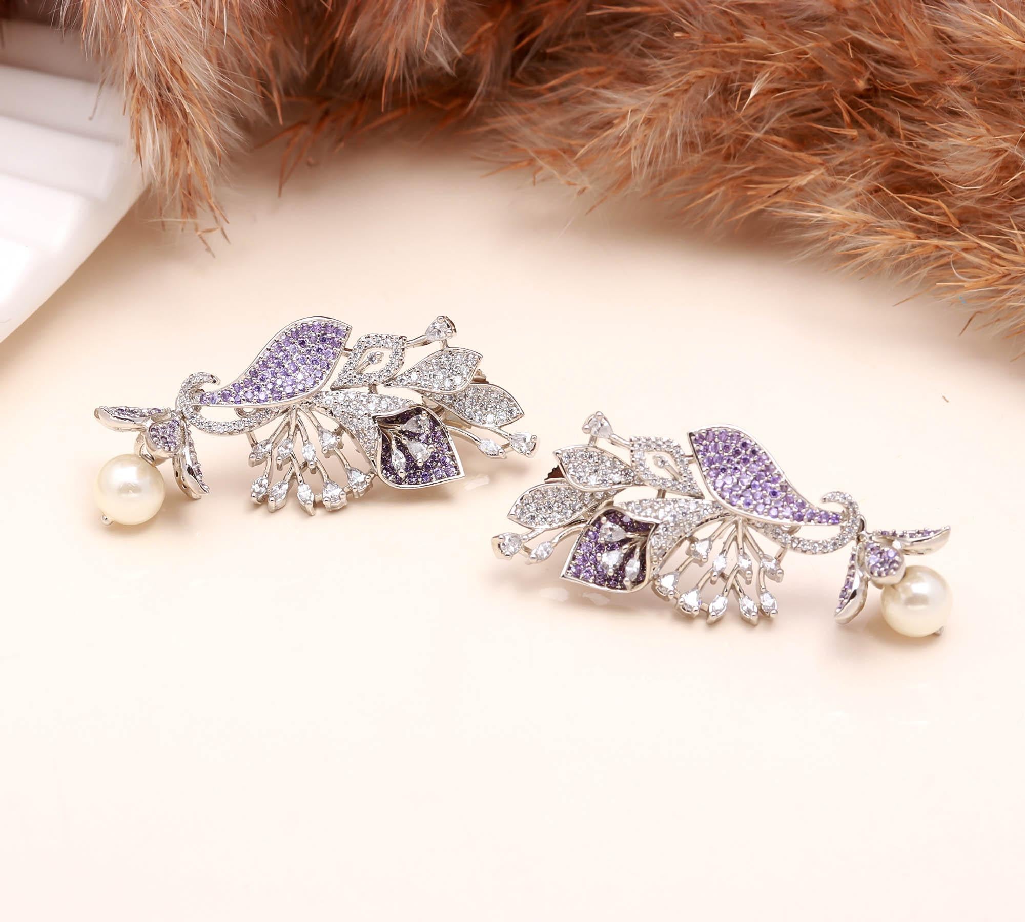 Luxury Black and White American Diamond (AD) Floral Pearl Dangler Earrings - Haamsi