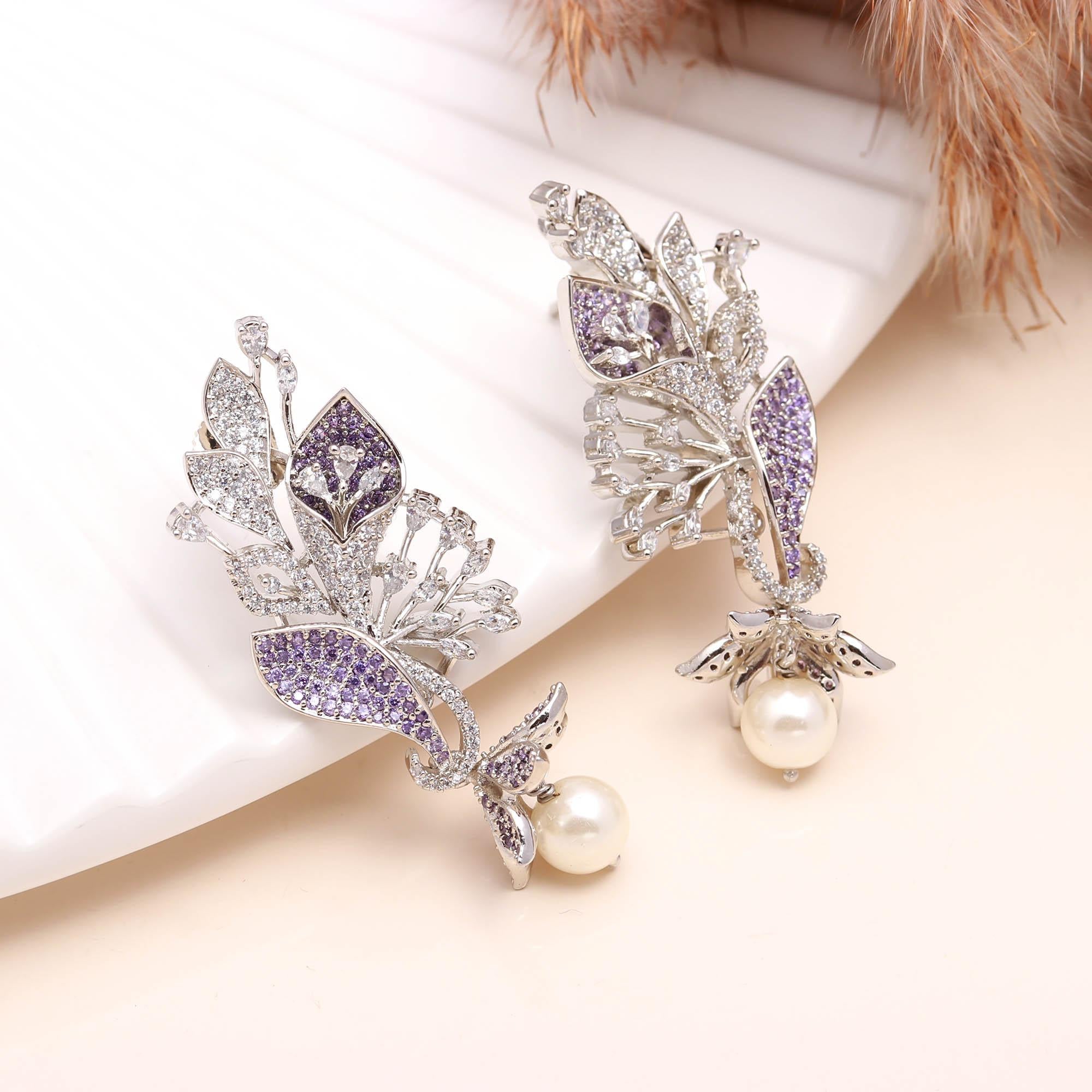 Luxury Black and White American Diamond (AD) Floral Pearl Dangler Earrings - Haamsi