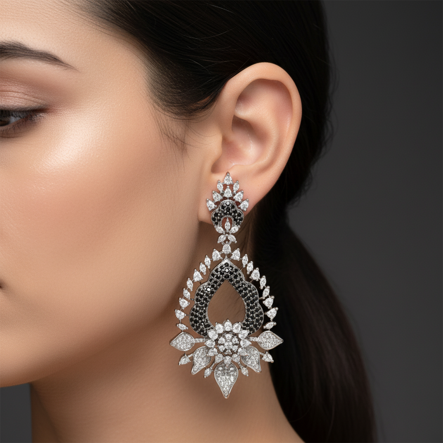 Magnificent Sapphire Blue and White American Diamond (AD) Heart-Shaped Dangler Earrings | Luxury Floral Statement - Haamsi