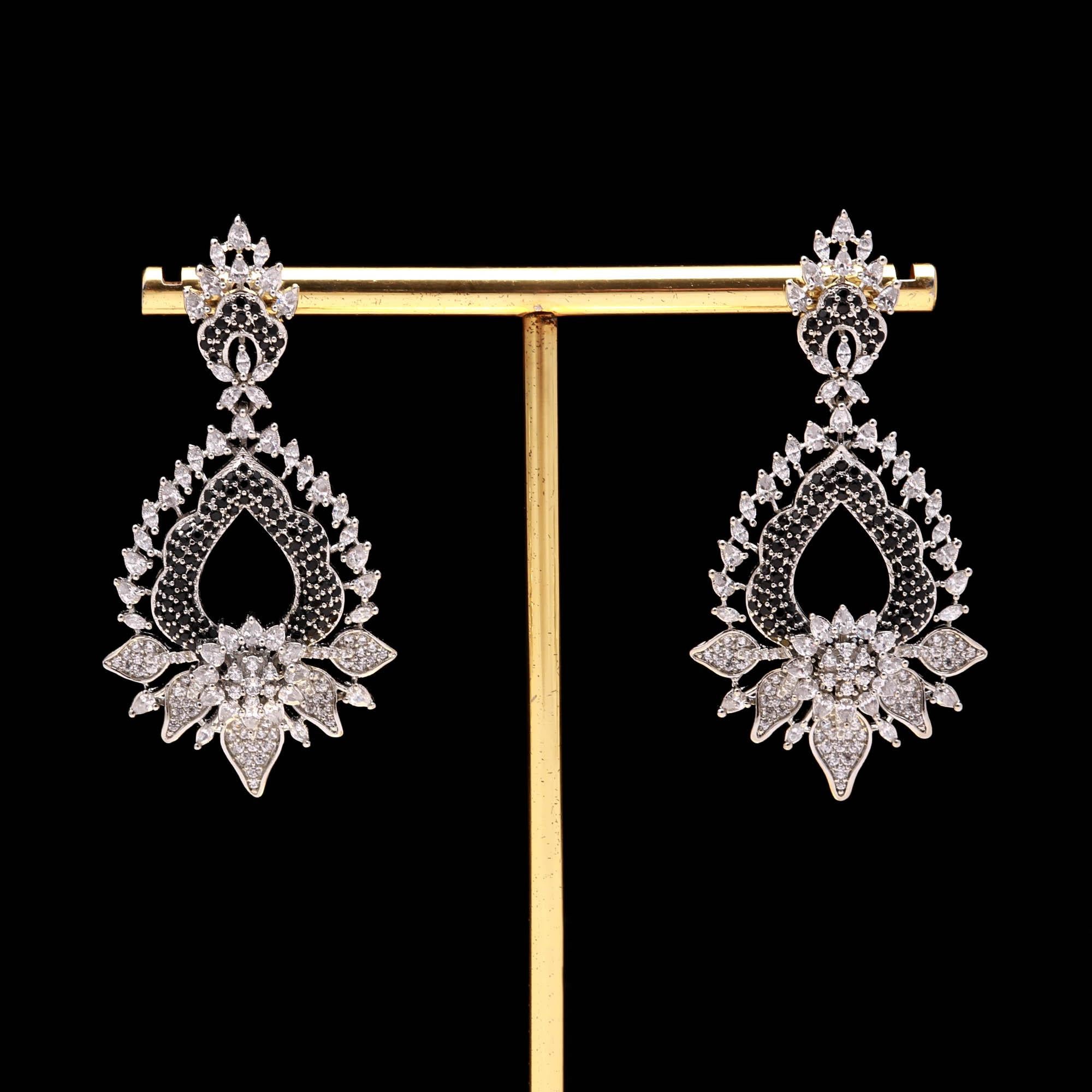 Magnificent Sapphire Blue and White American Diamond (AD) Heart-Shaped Dangler Earrings | Luxury Floral Statement - Haamsi