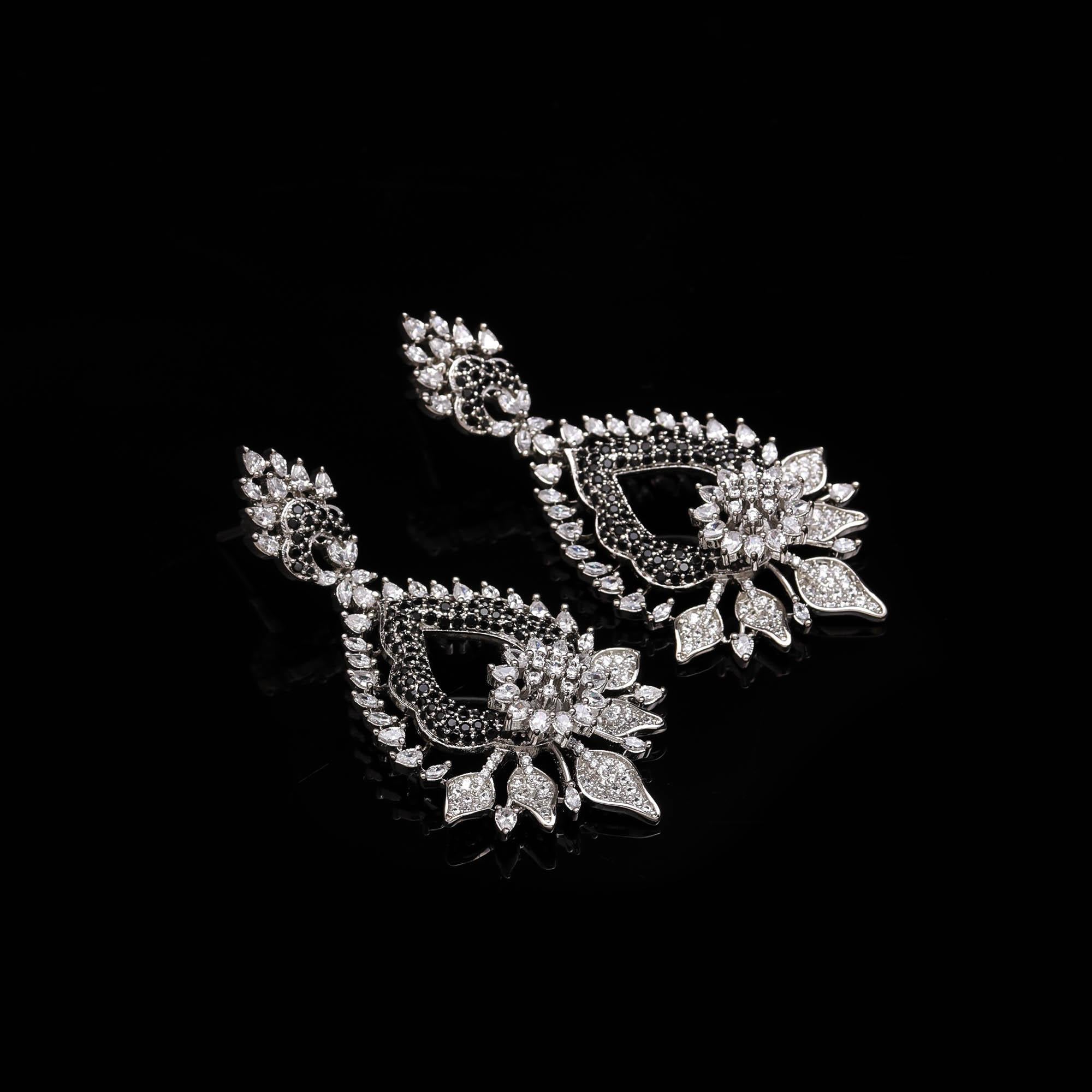 Magnificent Sapphire Blue and White American Diamond (AD) Heart-Shaped Dangler Earrings | Luxury Floral Statement - Haamsi