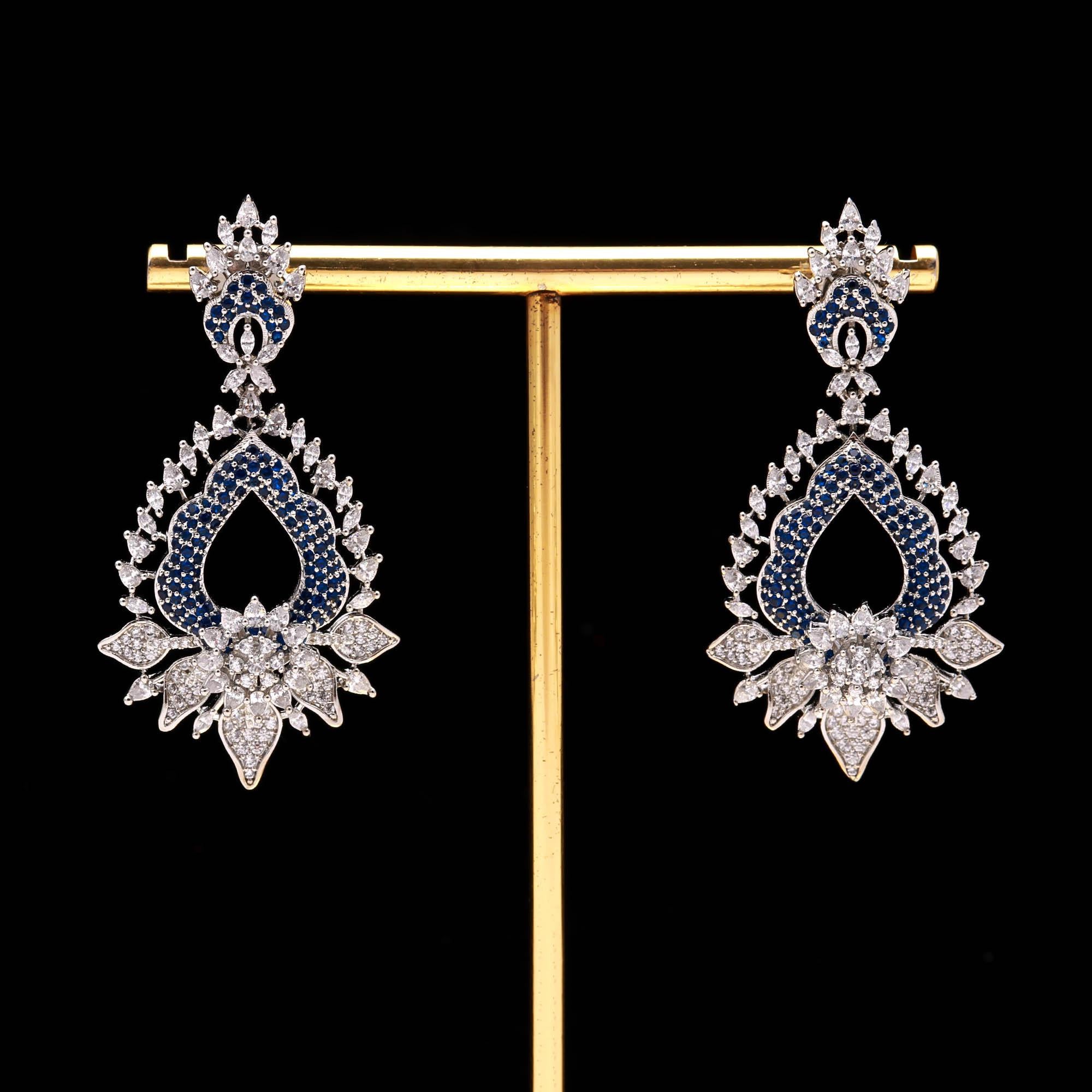 Magnificent Sapphire Blue and White American Diamond (AD) Heart-Shaped Dangler Earrings | Luxury Floral Statement - Haamsi