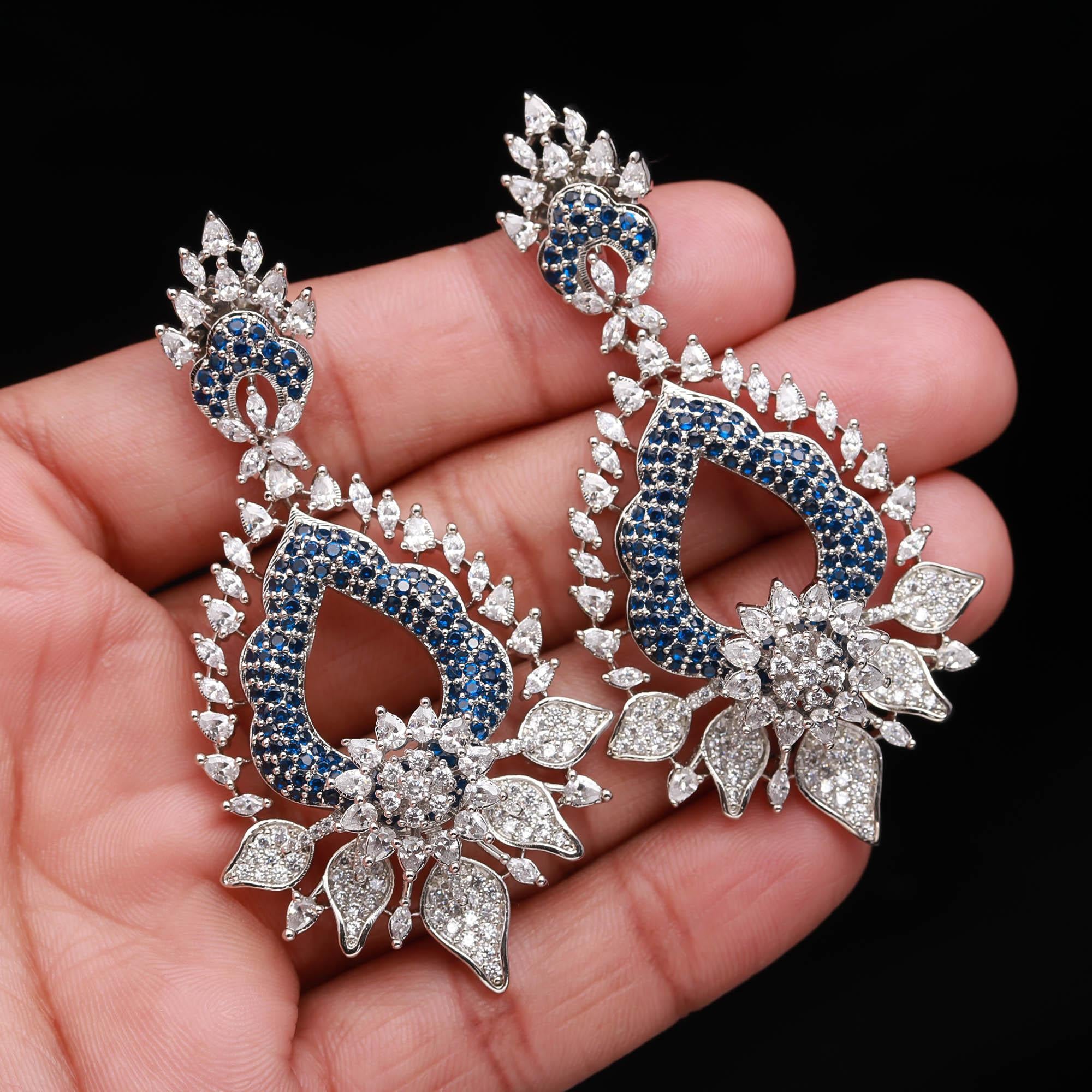 Magnificent Sapphire Blue and White American Diamond (AD) Heart-Shaped Dangler Earrings | Luxury Floral Statement - Haamsi