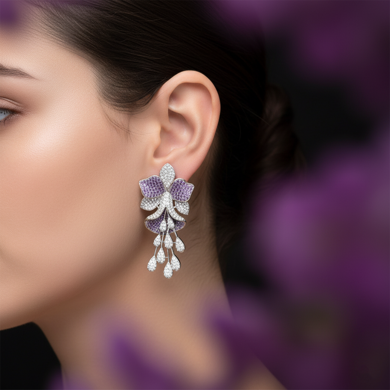 Luxury  American Diamond (AD) Flower Dangler Statement Earrings - Haamsi