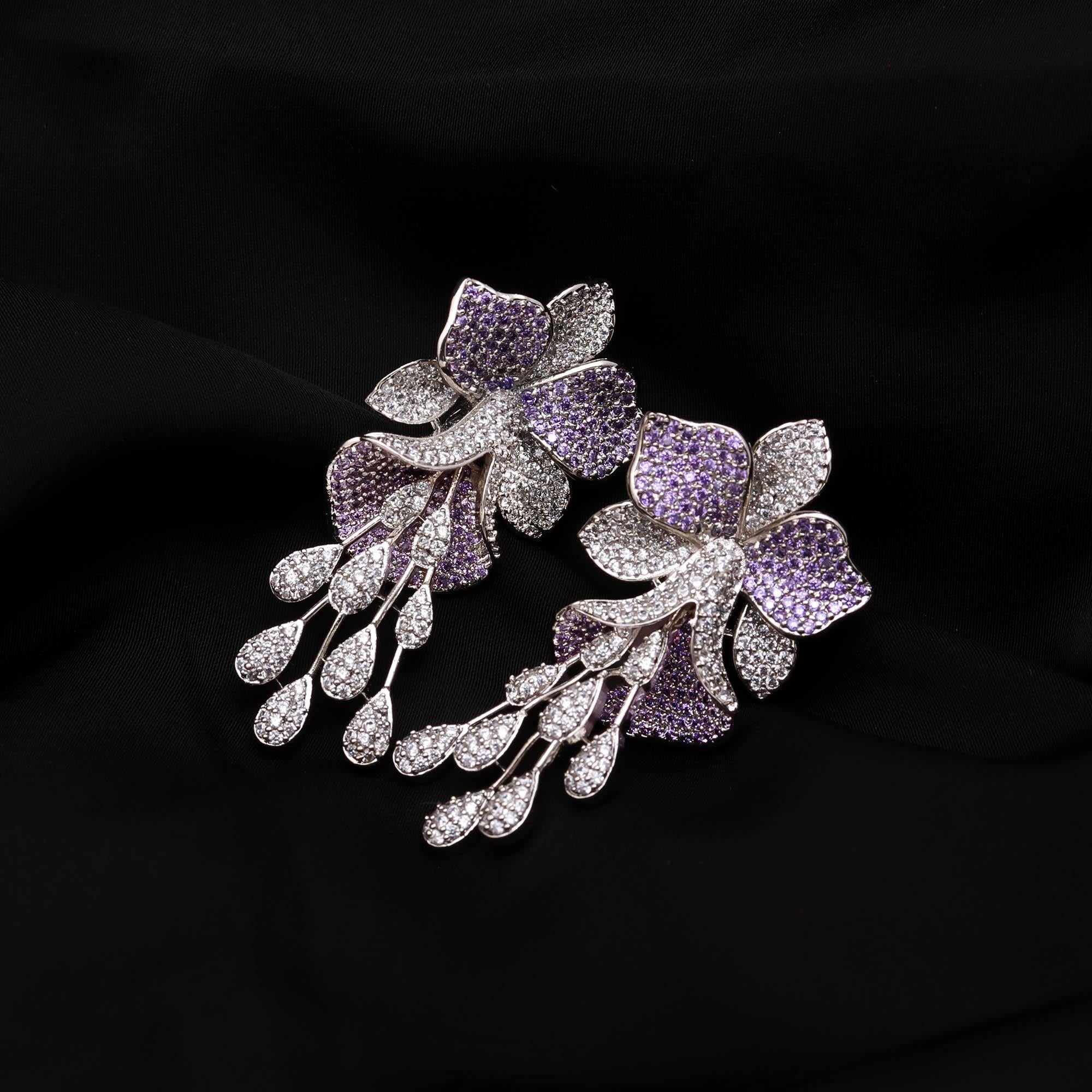 Luxury  American Diamond (AD) Flower Dangler Statement Earrings - Haamsi