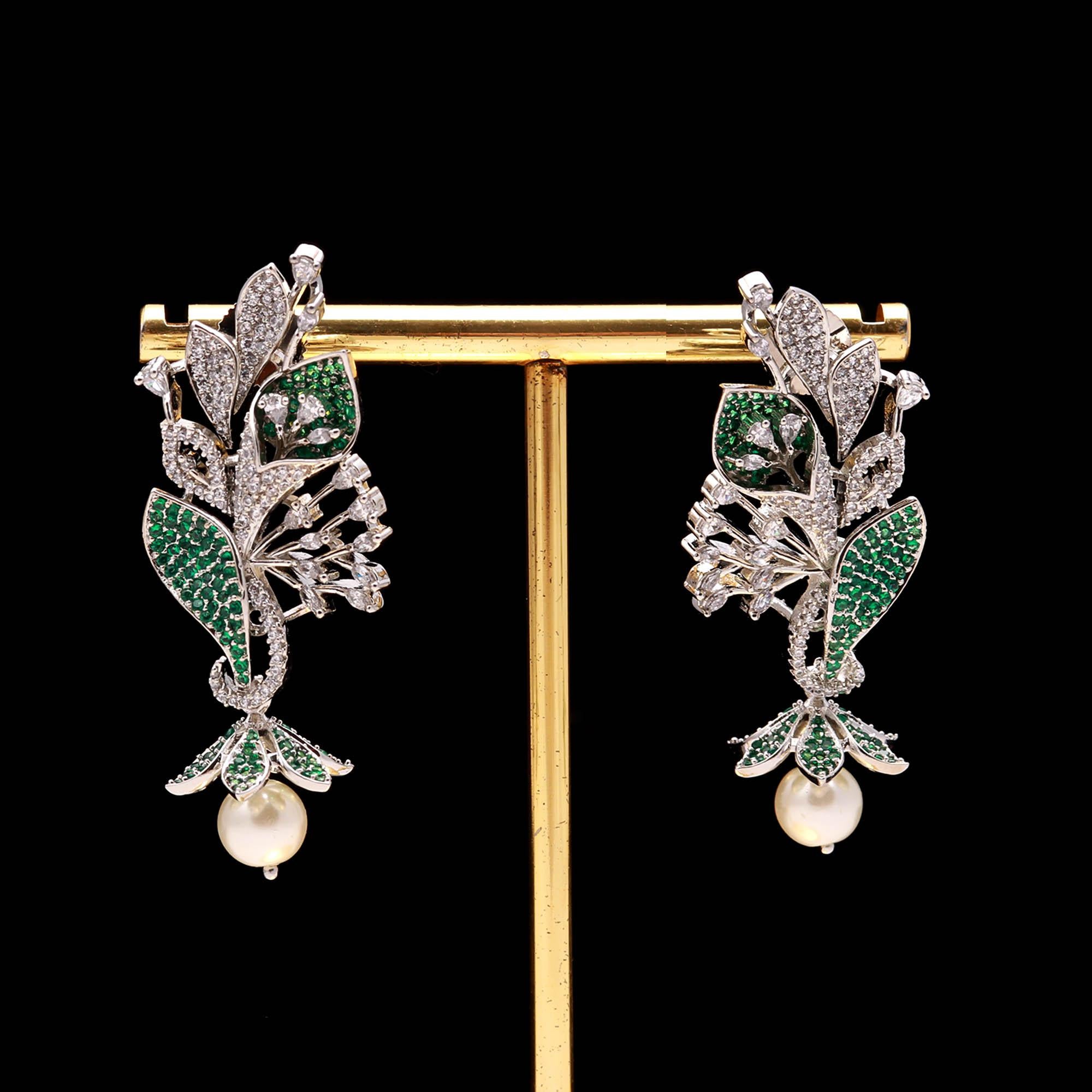 Luxury Black and White American Diamond (AD) Floral Pearl Dangler Earrings - Haamsi