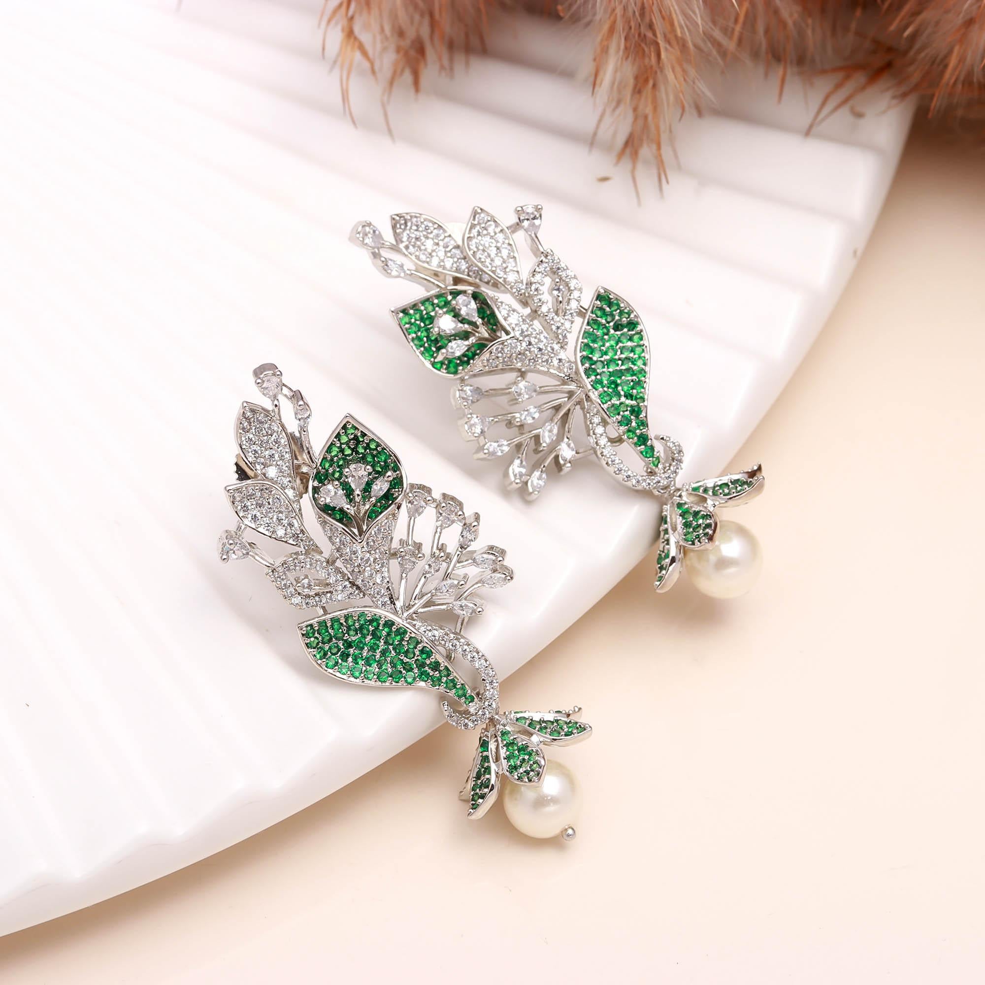 Luxury Black and White American Diamond (AD) Floral Pearl Dangler Earrings - Haamsi