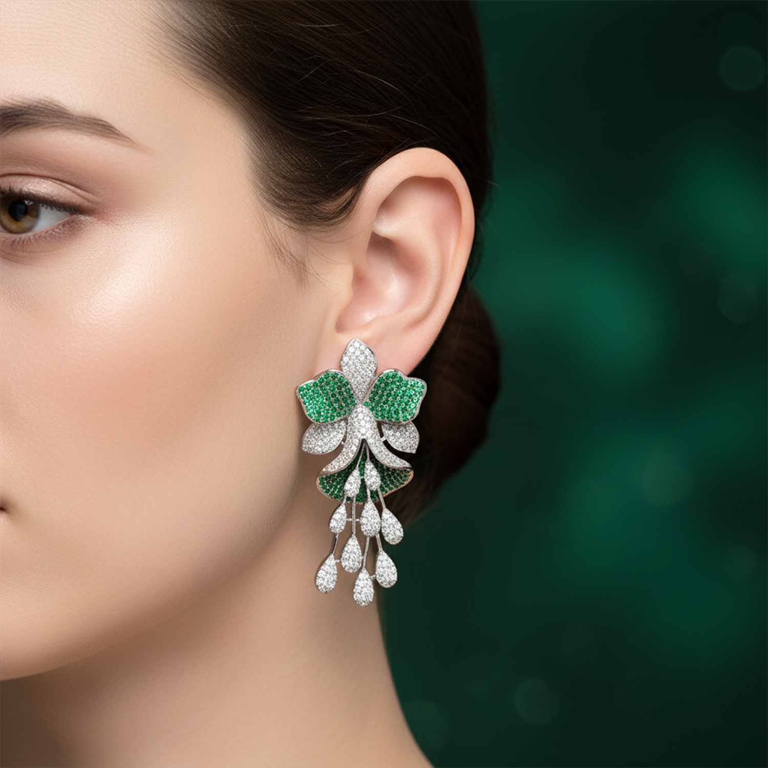 Luxury  American Diamond (AD) Flower Dangler Statement Earrings - Haamsi