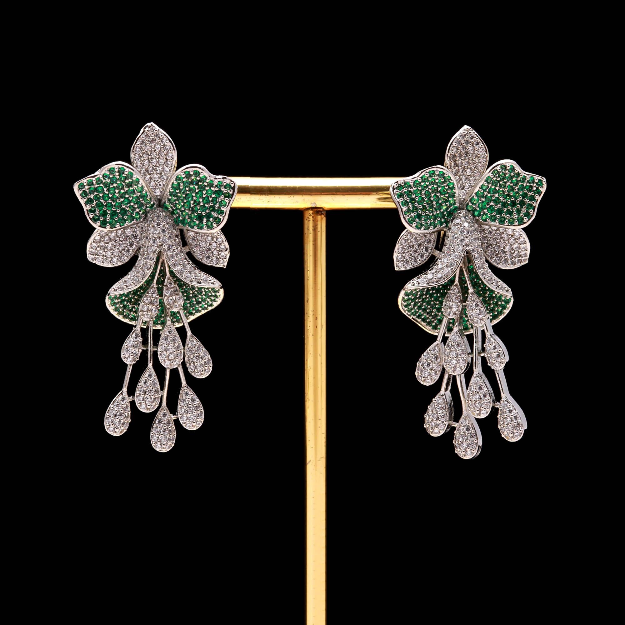 Luxury  American Diamond (AD) Flower Dangler Statement Earrings - Haamsi