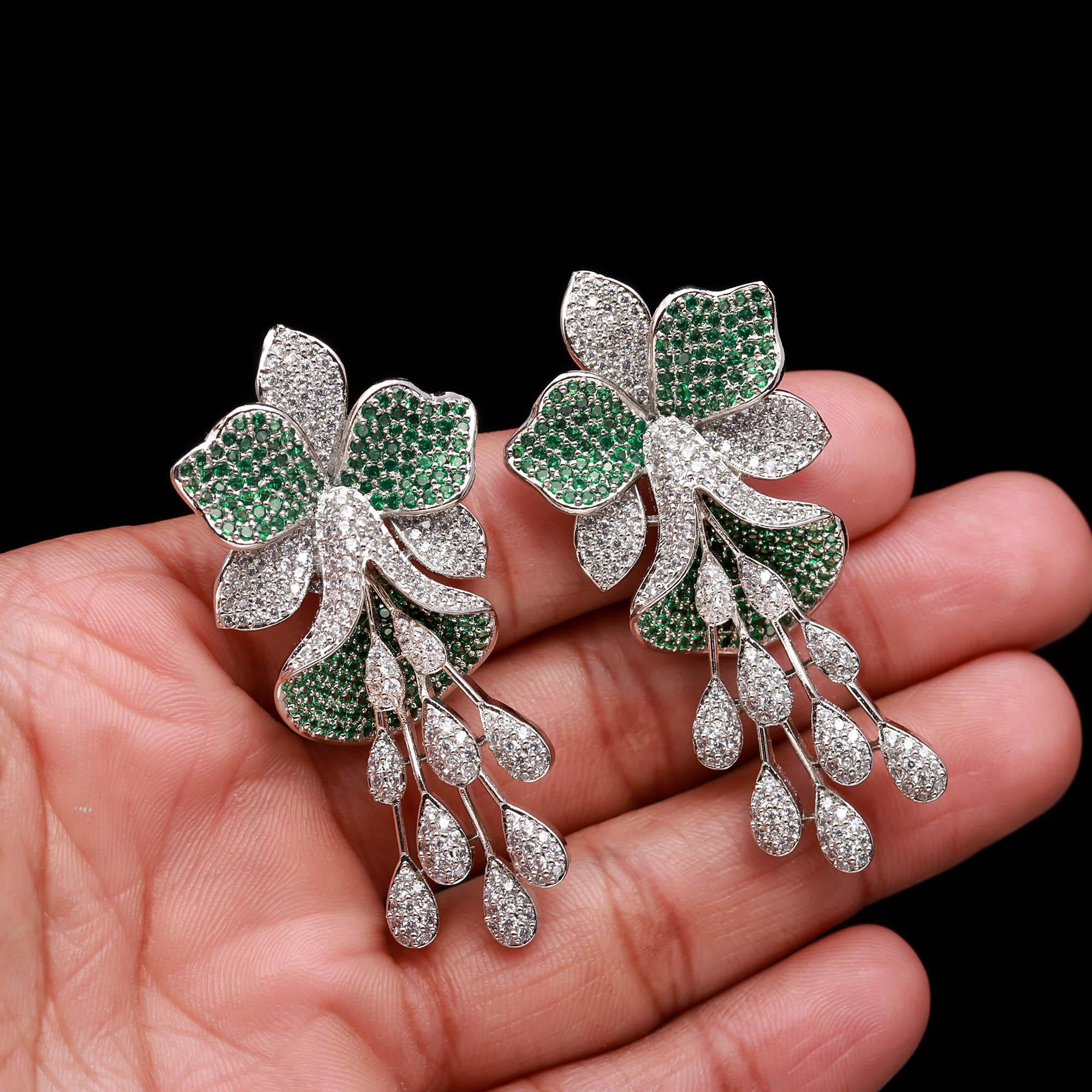 Luxury  American Diamond (AD) Flower Dangler Statement Earrings - Haamsi