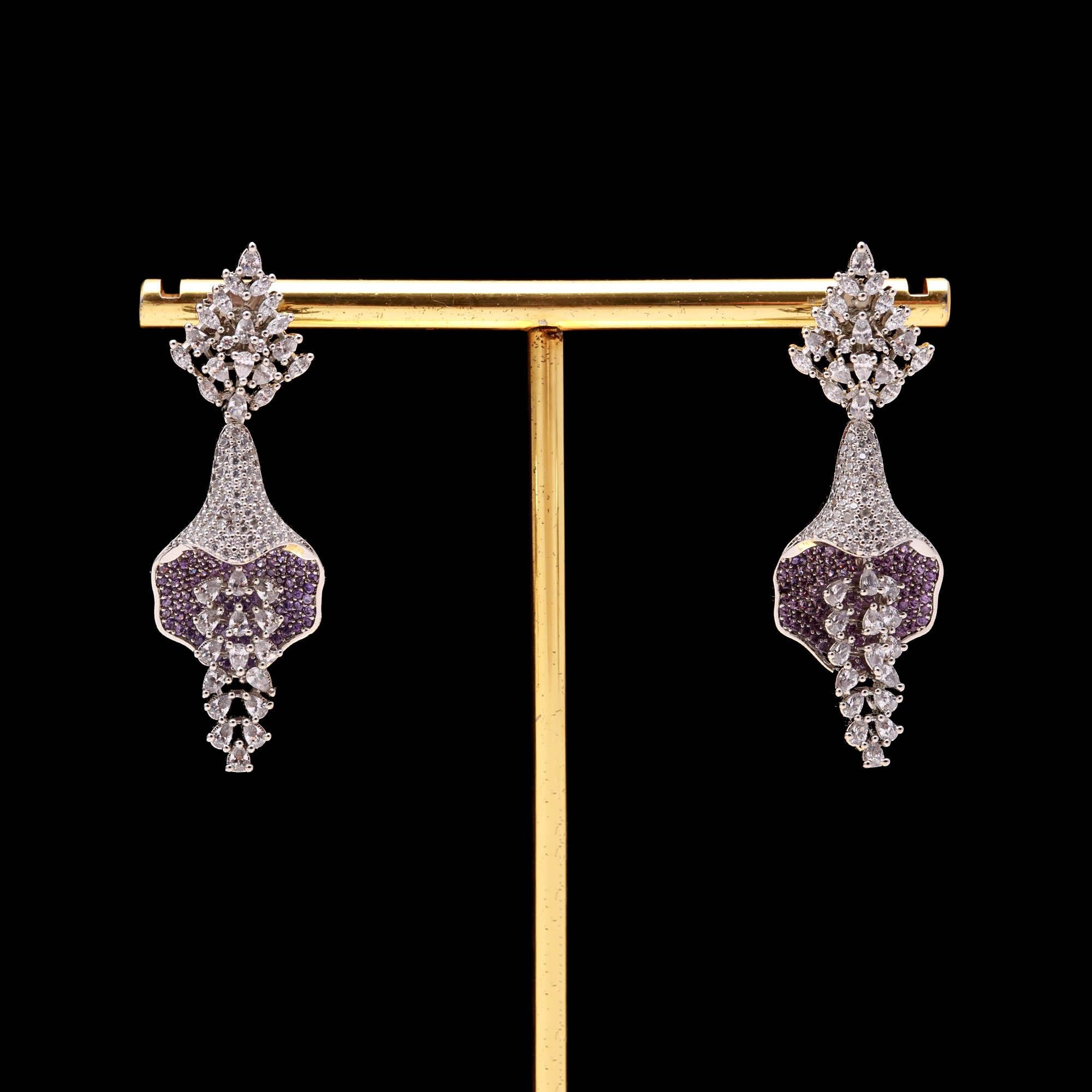 Luxurious Sapphire Blue & White American Diamond (AD) Floral Drop Earrings | Statement Party Wear - Haamsi