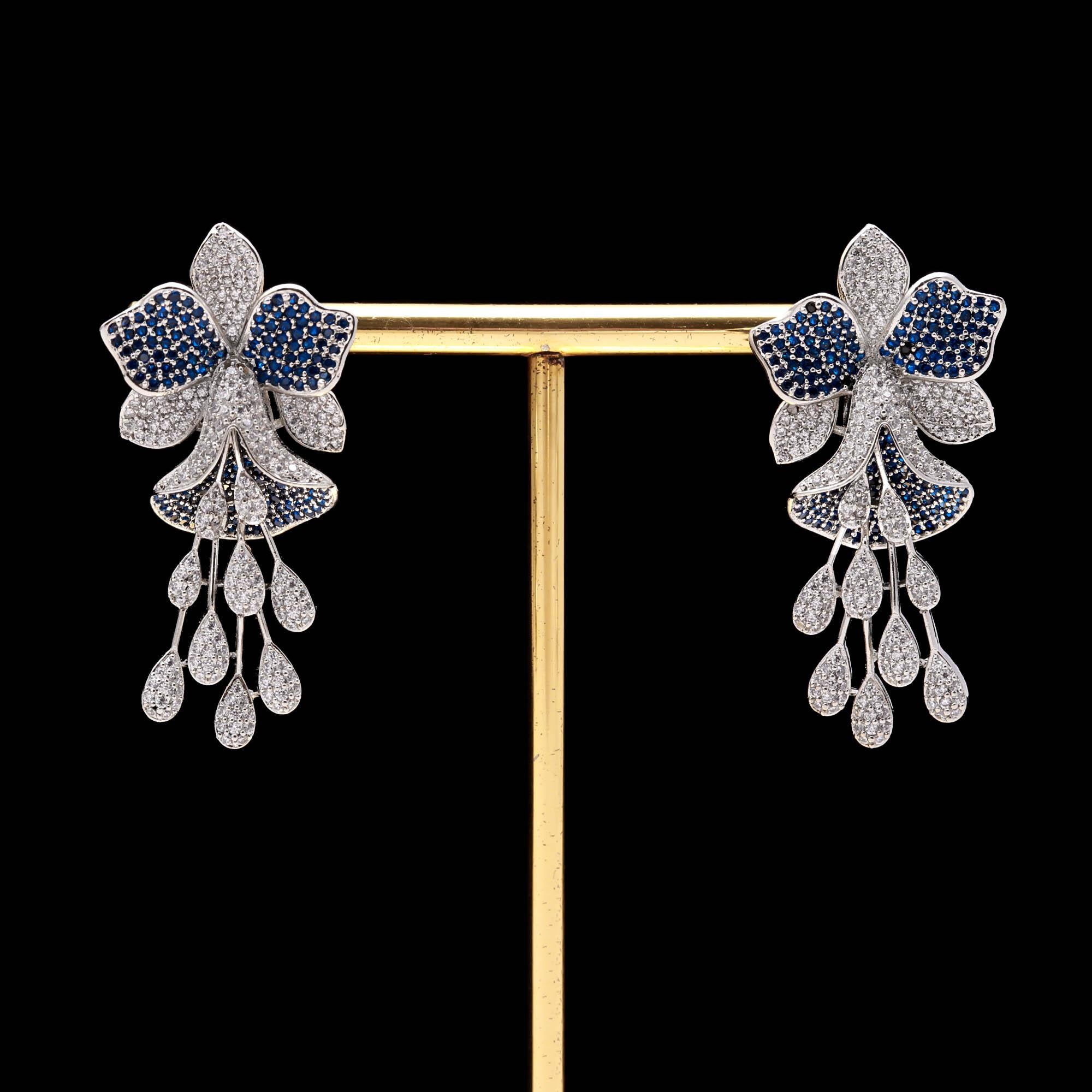 Luxury  American Diamond (AD) Flower Dangler Statement Earrings - Haamsi