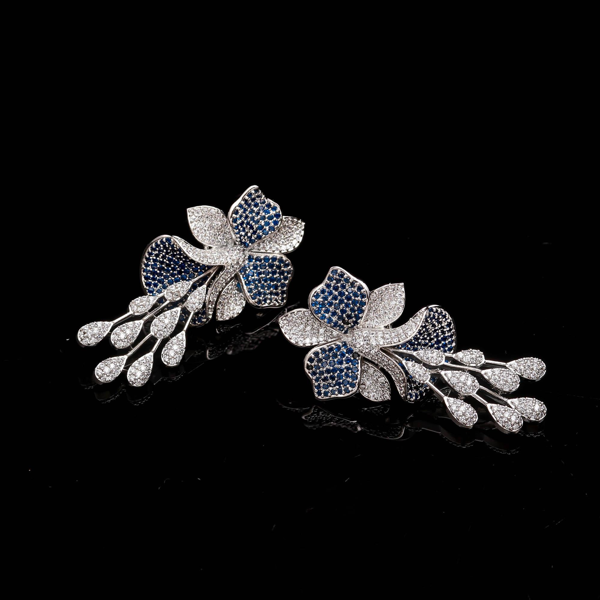Luxury  American Diamond (AD) Flower Dangler Statement Earrings - Haamsi
