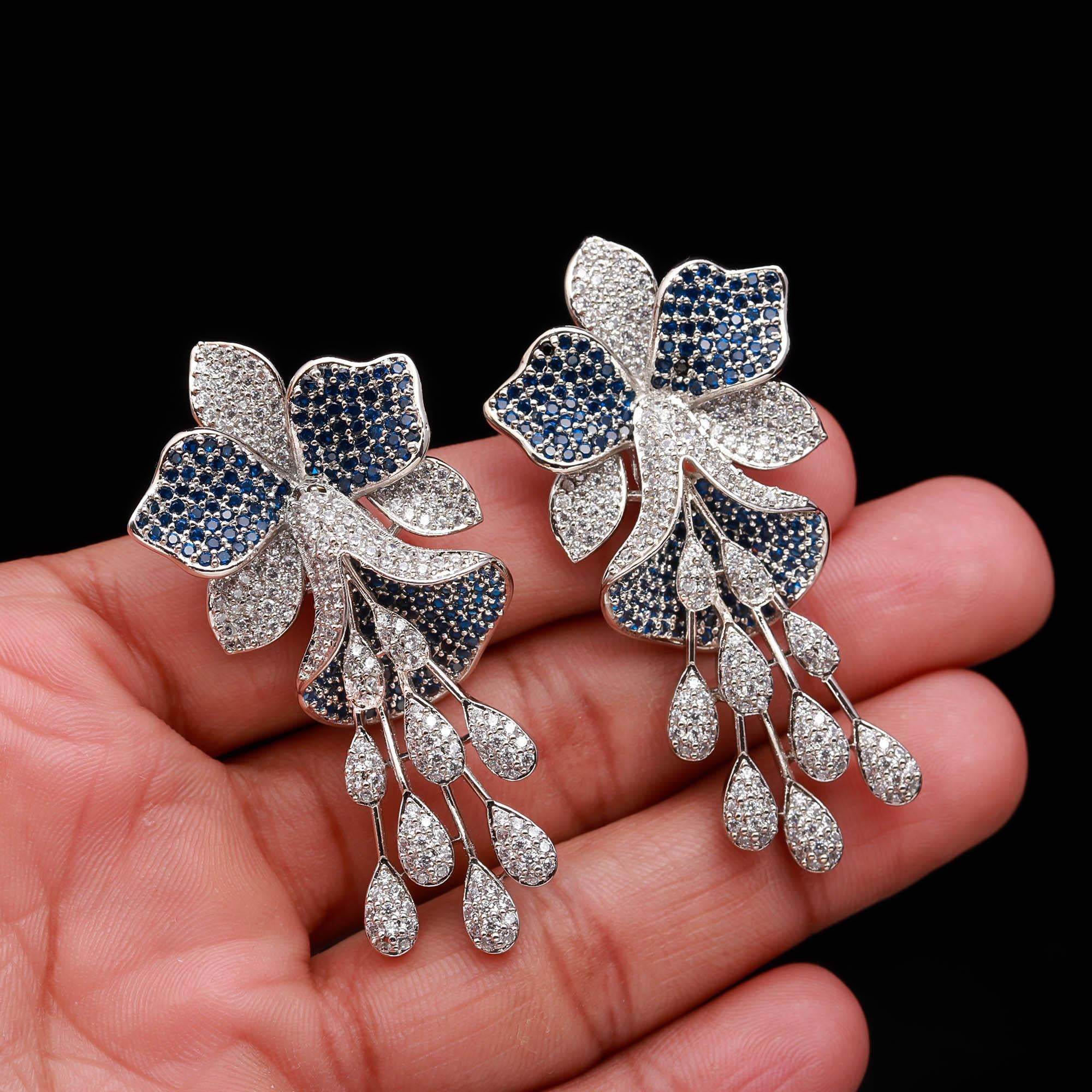 Luxury  American Diamond (AD) Flower Dangler Statement Earrings - Haamsi