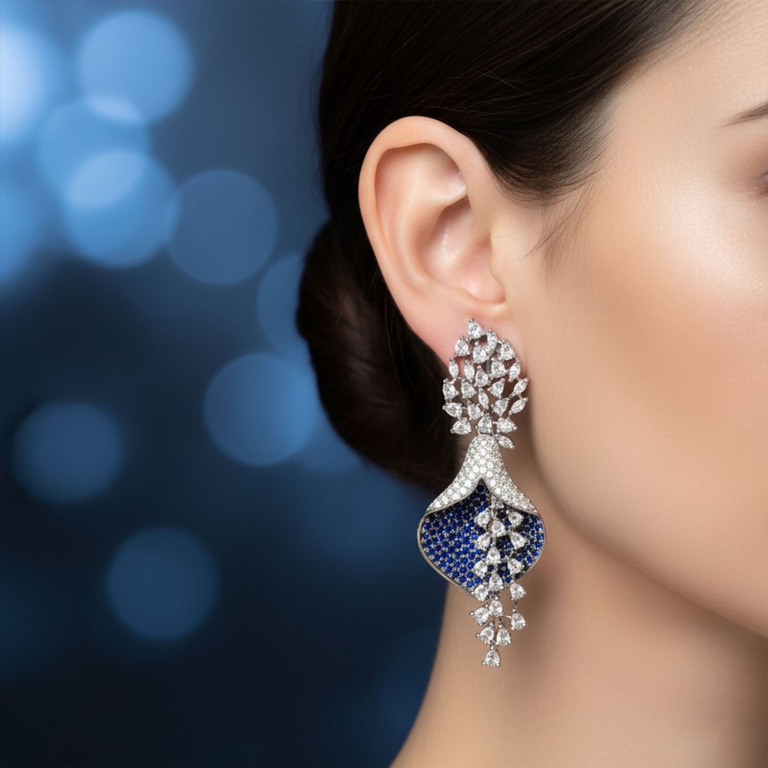 Luxurious Sapphire Blue & White American Diamond (AD) Floral Drop Earrings | Statement Party Wear - Haamsi