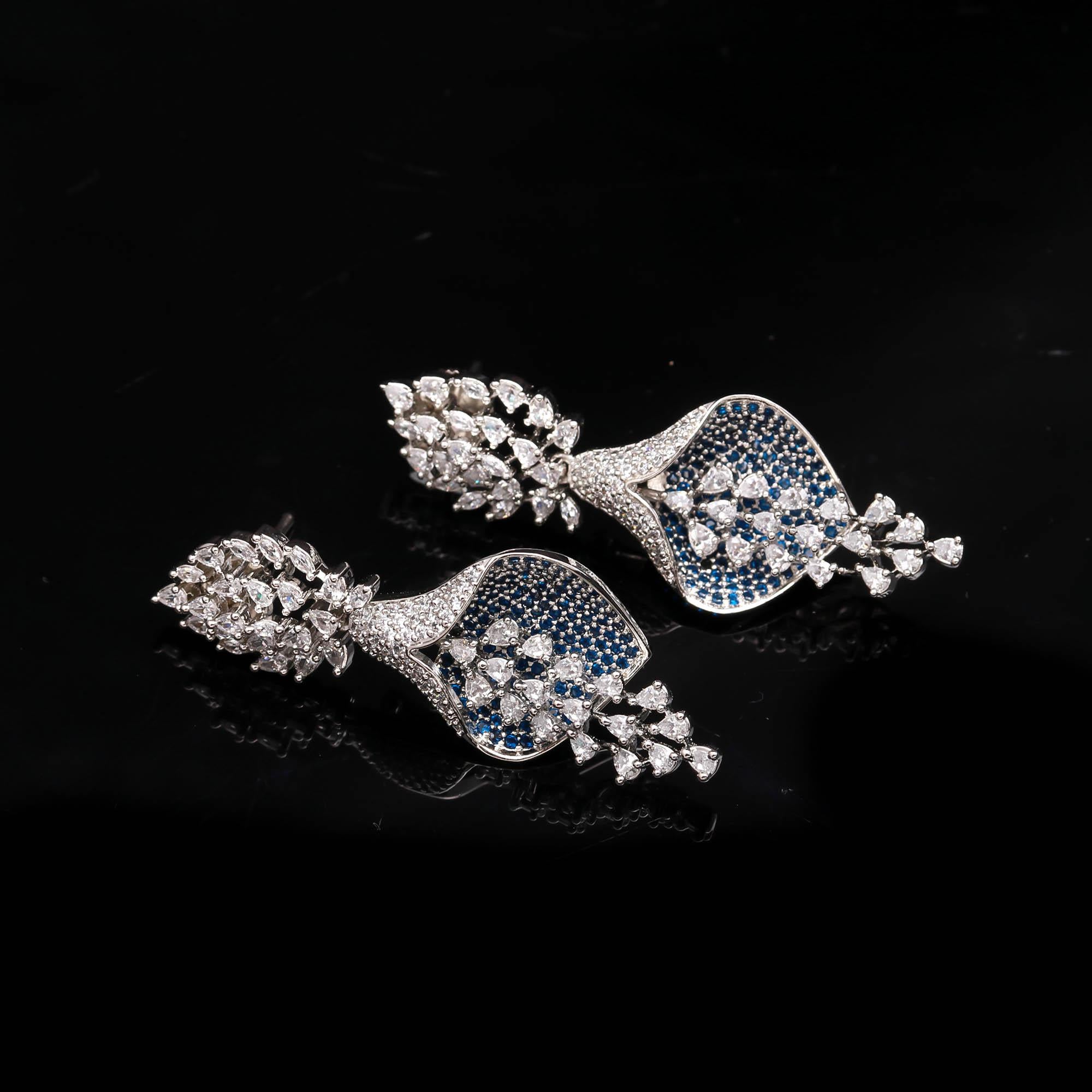 Luxurious Sapphire Blue & White American Diamond (AD) Floral Drop Earrings | Statement Party Wear - Haamsi
