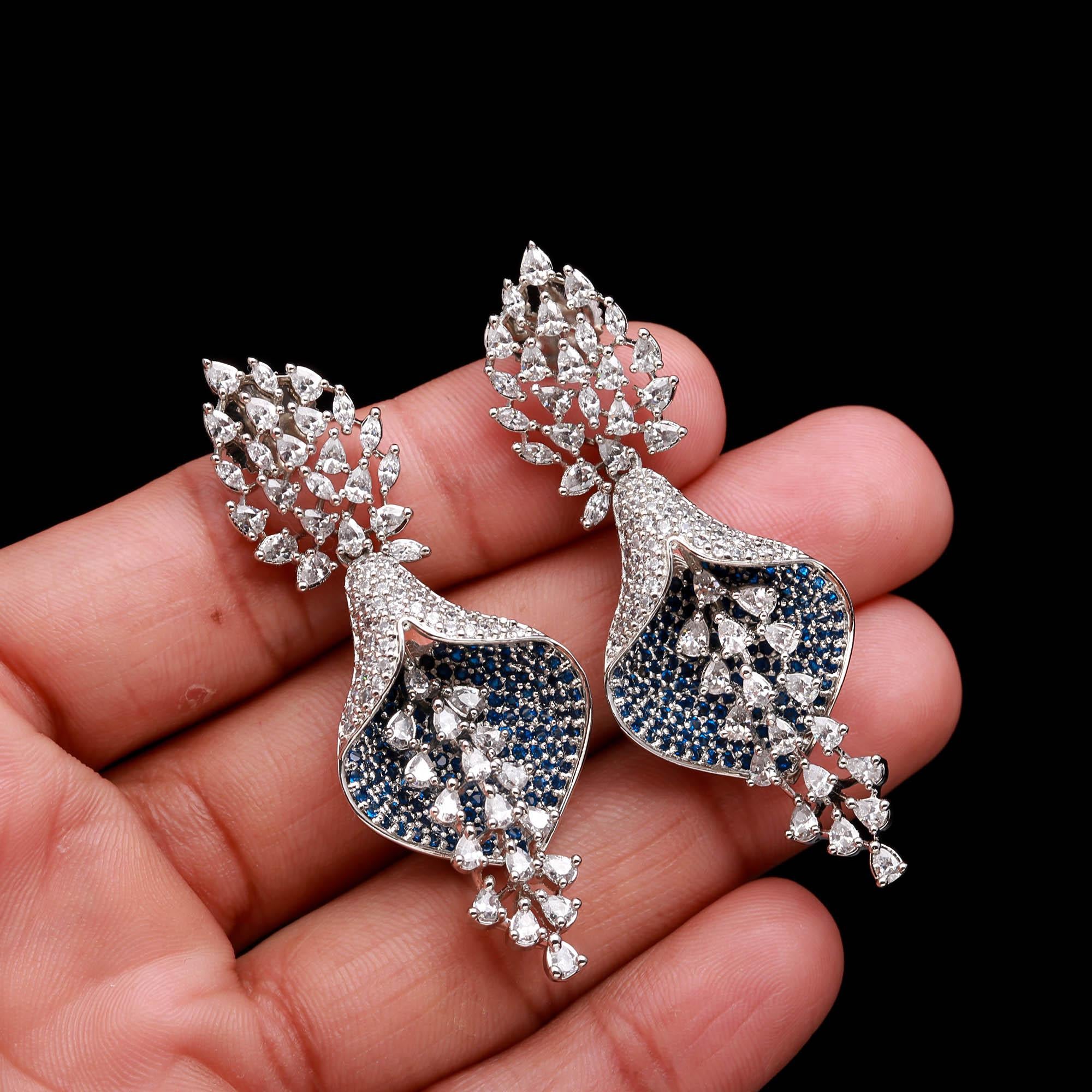 Luxurious Sapphire Blue & White American Diamond (AD) Floral Drop Earrings | Statement Party Wear - Haamsi