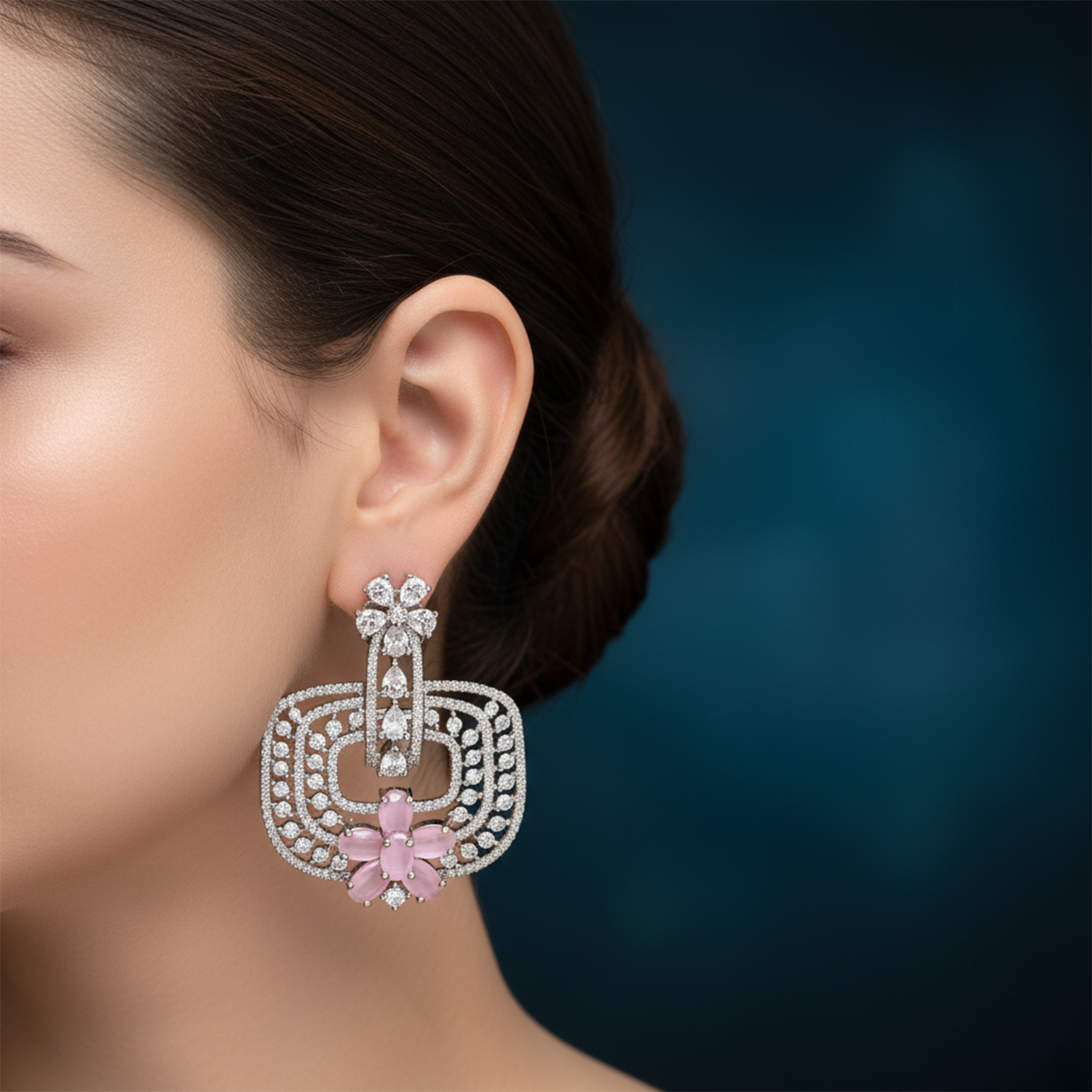 Trendy Mint Green and White American Diamond (AD) Geometric Statement Earrings | Available in Multi-Colors - Haamsi