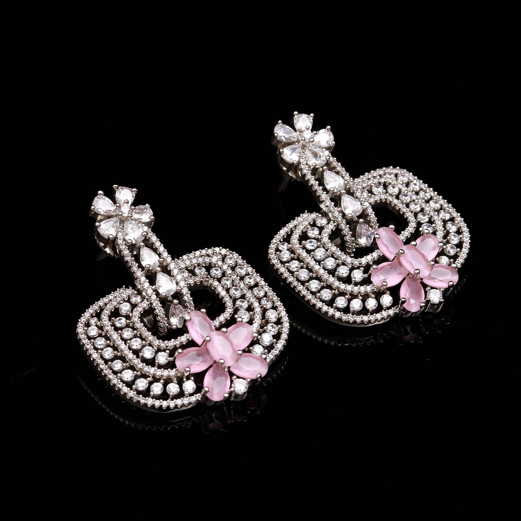 Trendy Mint Green and White American Diamond (AD) Geometric Statement Earrings | Available in Multi-Colors - Haamsi