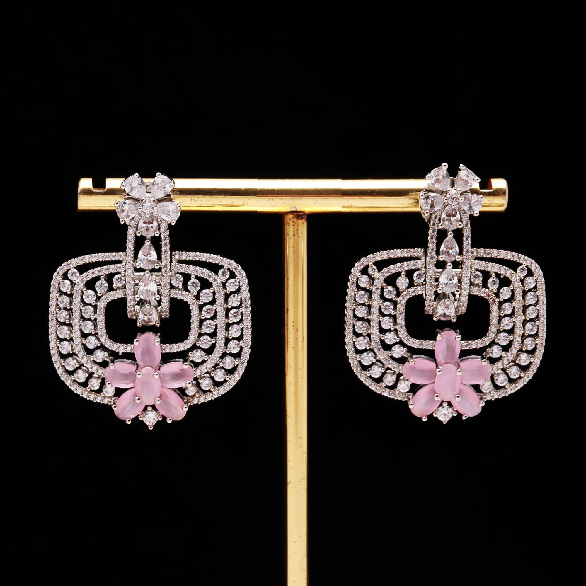 Trendy Mint Green and White American Diamond (AD) Geometric Statement Earrings | Available in Multi-Colors - Haamsi