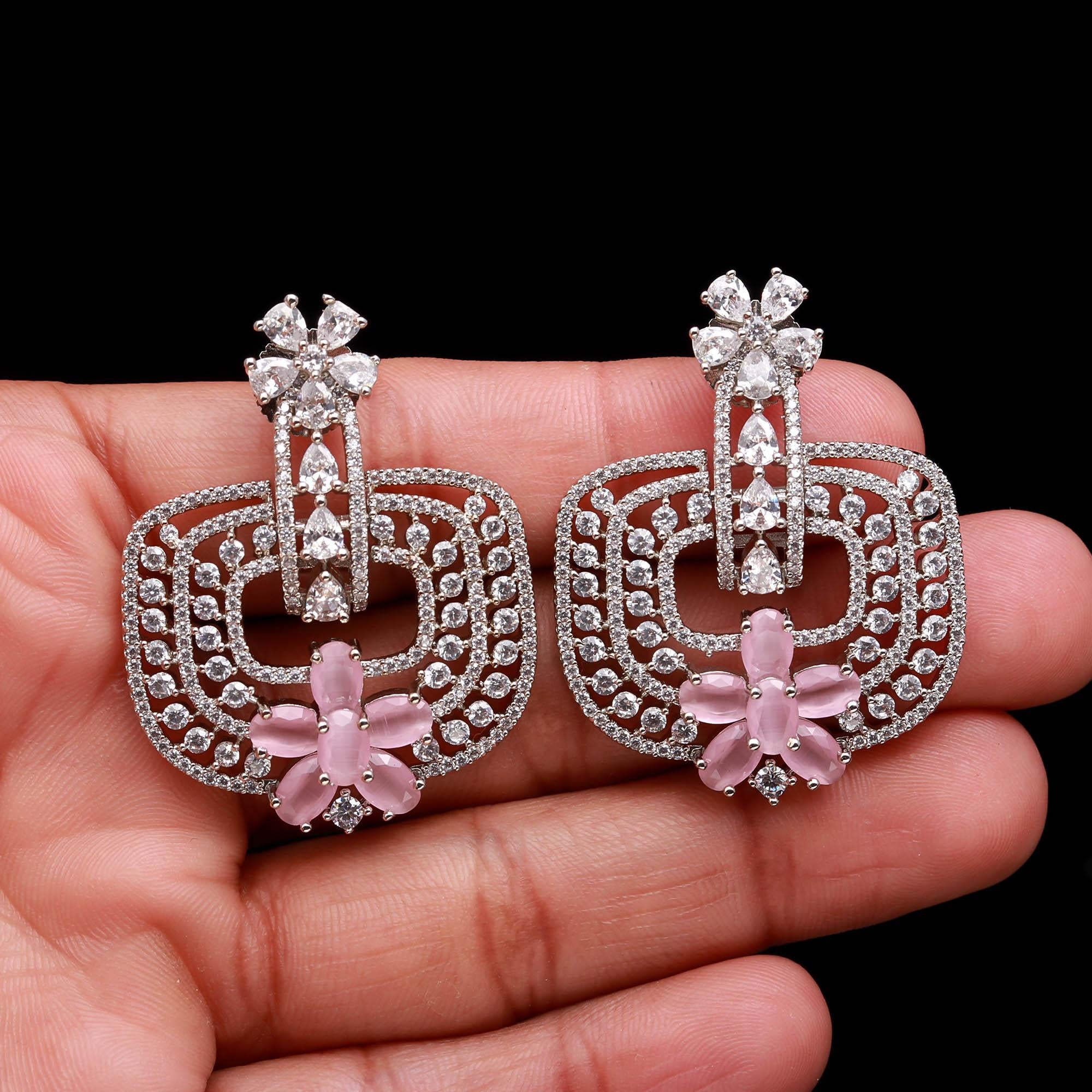 Trendy Mint Green and White American Diamond (AD) Geometric Statement Earrings | Available in Multi-Colors - Haamsi