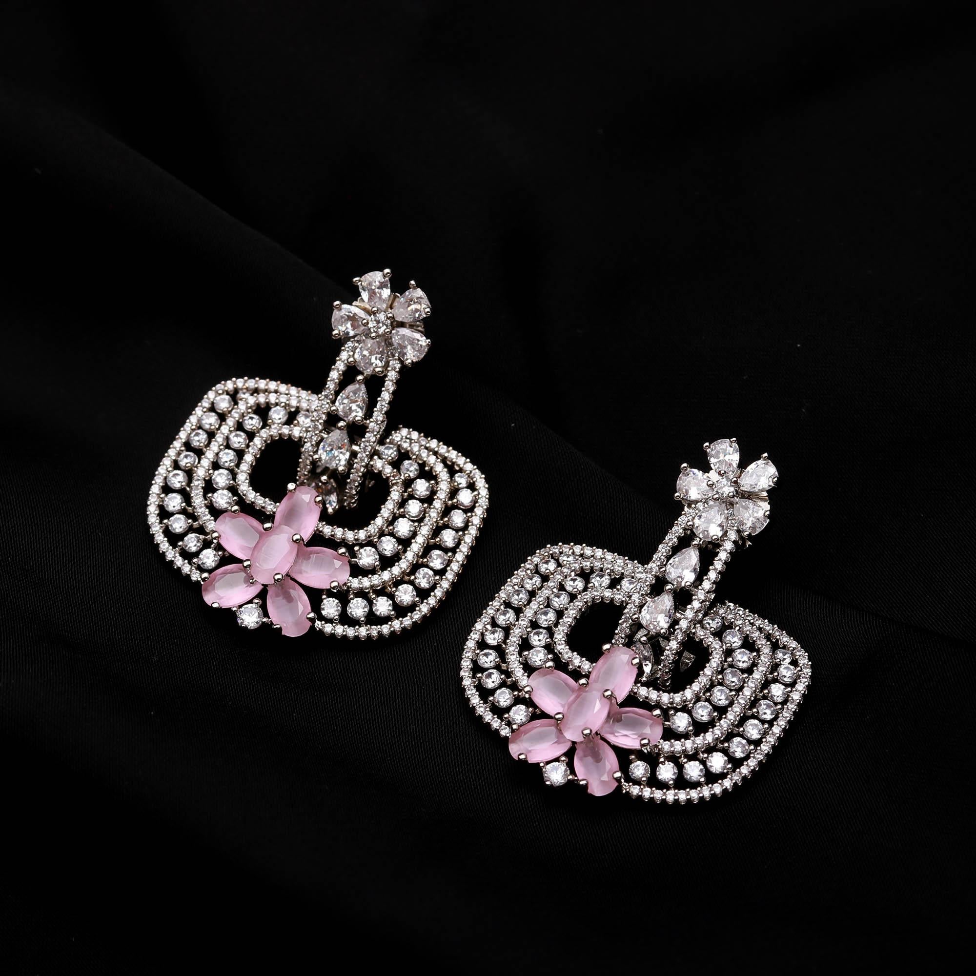 Trendy Mint Green and White American Diamond (AD) Geometric Statement Earrings | Available in Multi-Colors - Haamsi