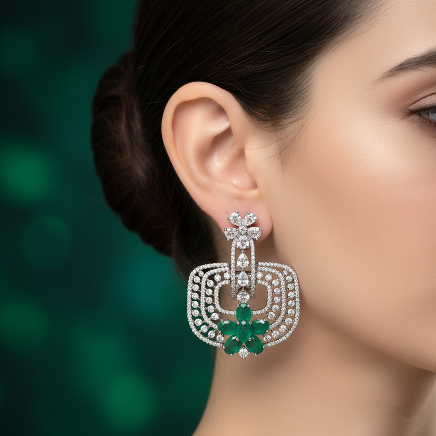Trendy Mint Green and White American Diamond (AD) Geometric Statement Earrings | Available in Multi-Colors - Haamsi