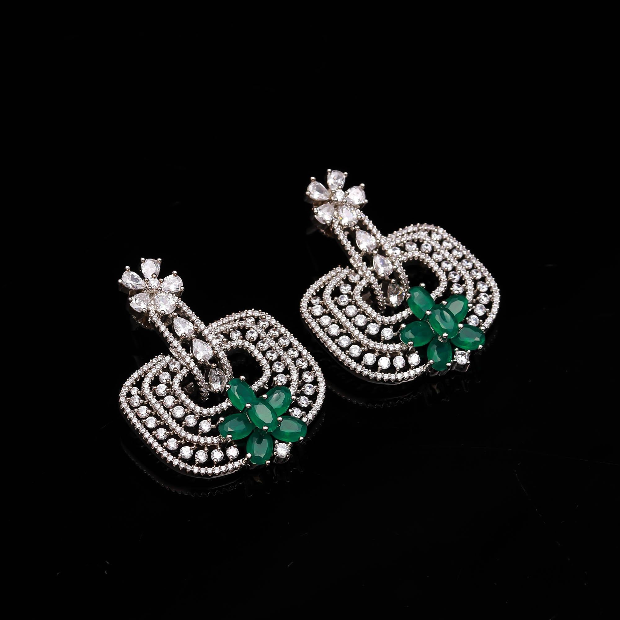 Trendy Mint Green and White American Diamond (AD) Geometric Statement Earrings | Available in Multi-Colors - Haamsi