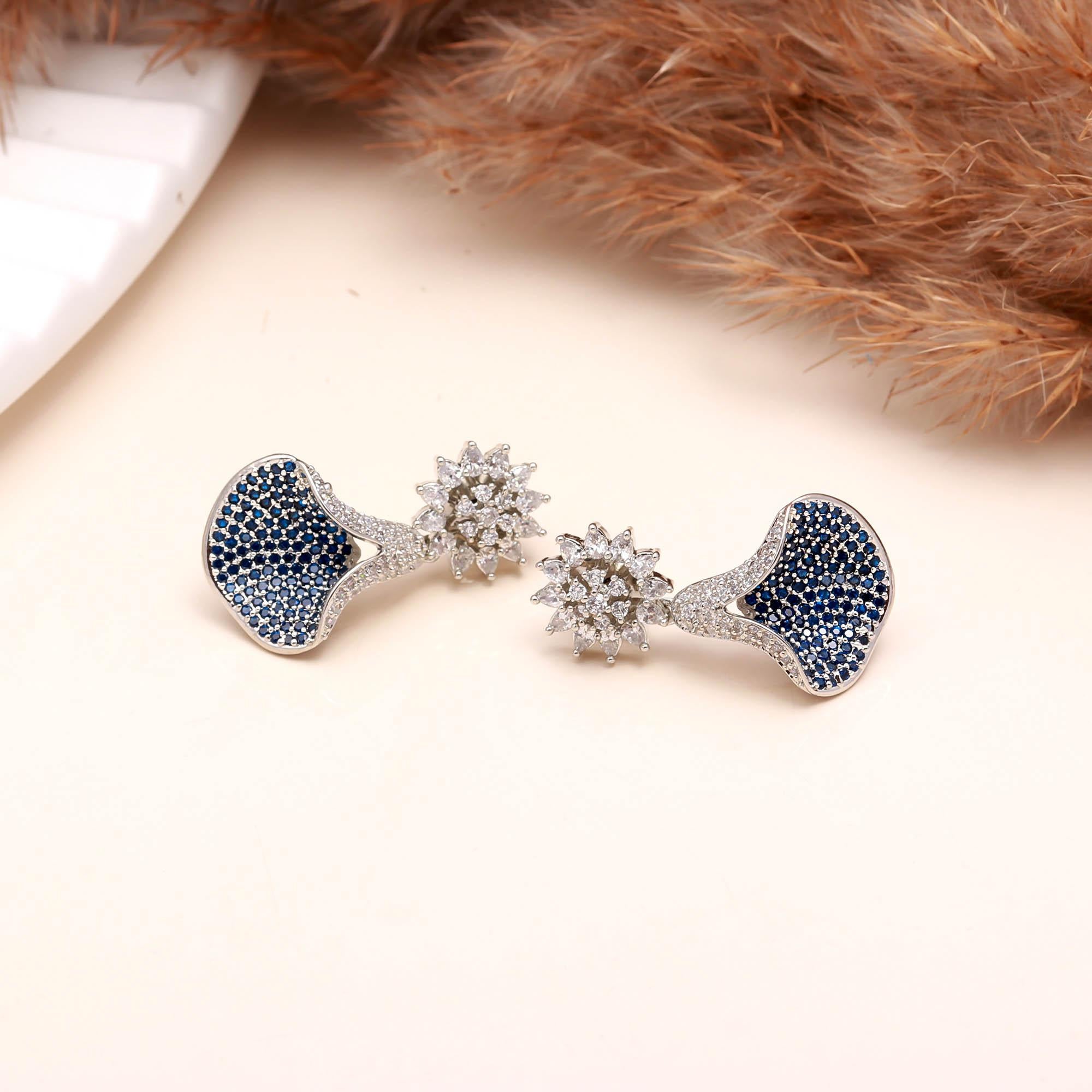 Emerald Green and White American Diamond (AD) Drop Earrings | Starburst Stud with Silver Toned Finish - Haamsi