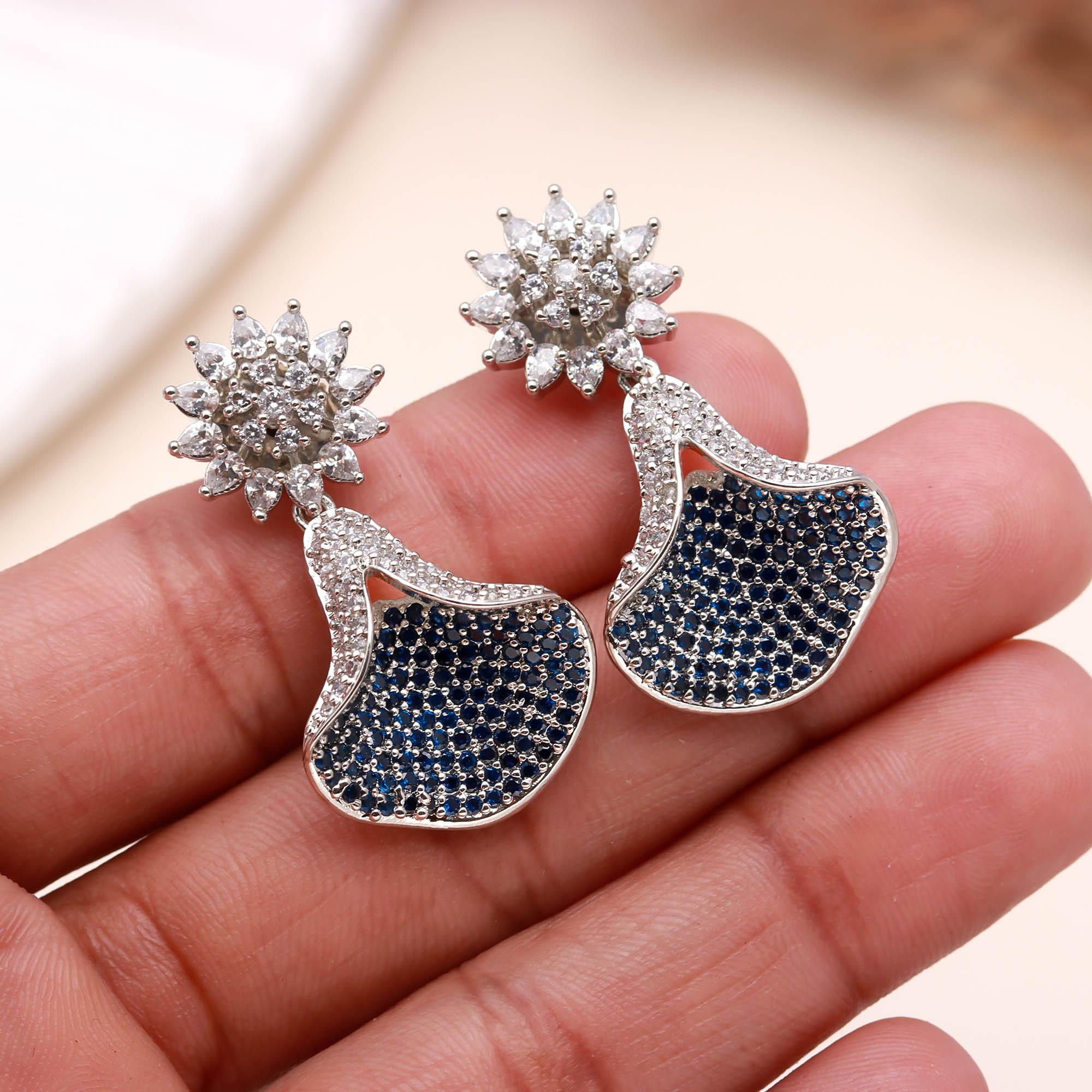 Emerald Green and White American Diamond (AD) Drop Earrings | Starburst Stud with Silver Toned Finish - Haamsi