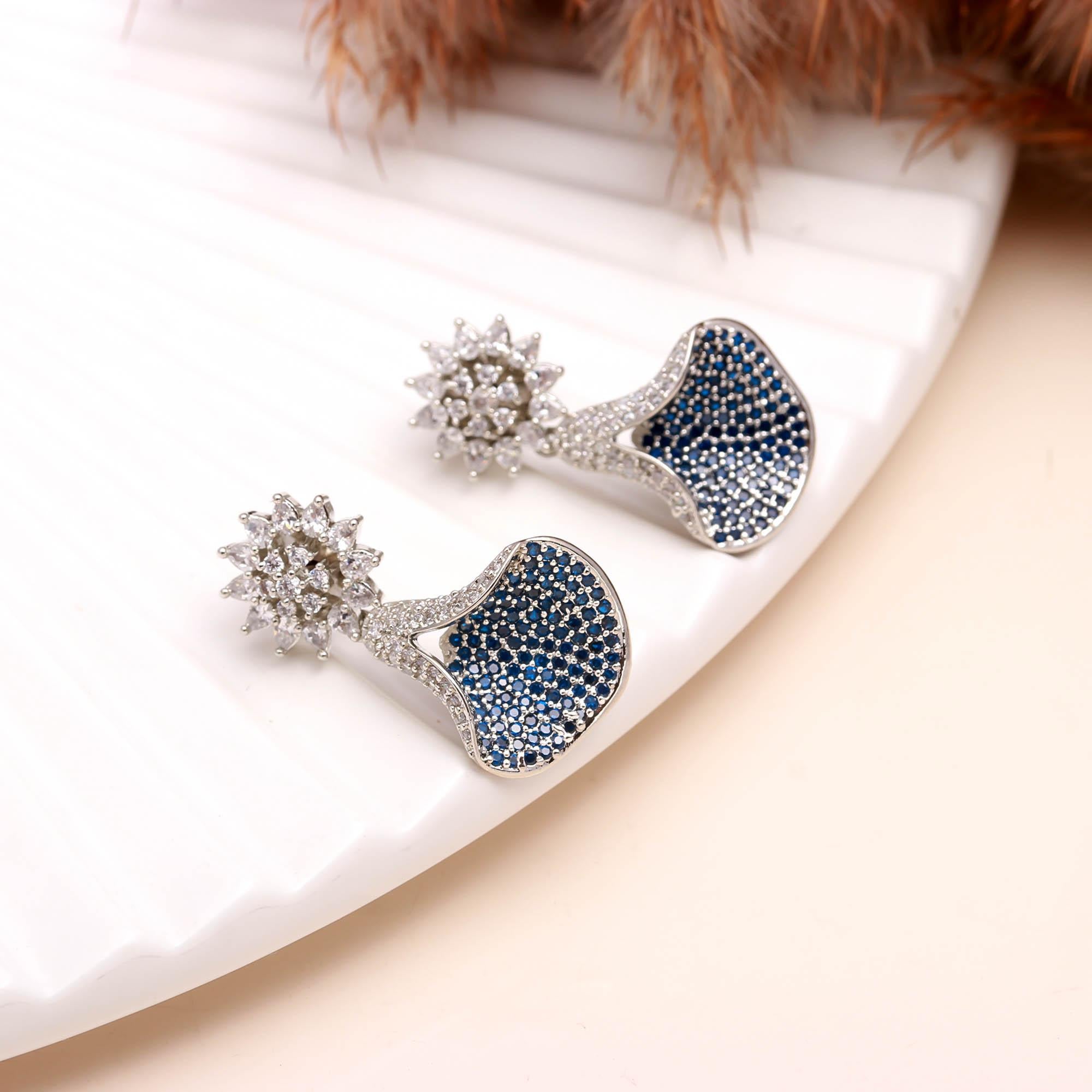 Emerald Green and White American Diamond (AD) Drop Earrings | Starburst Stud with Silver Toned Finish - Haamsi