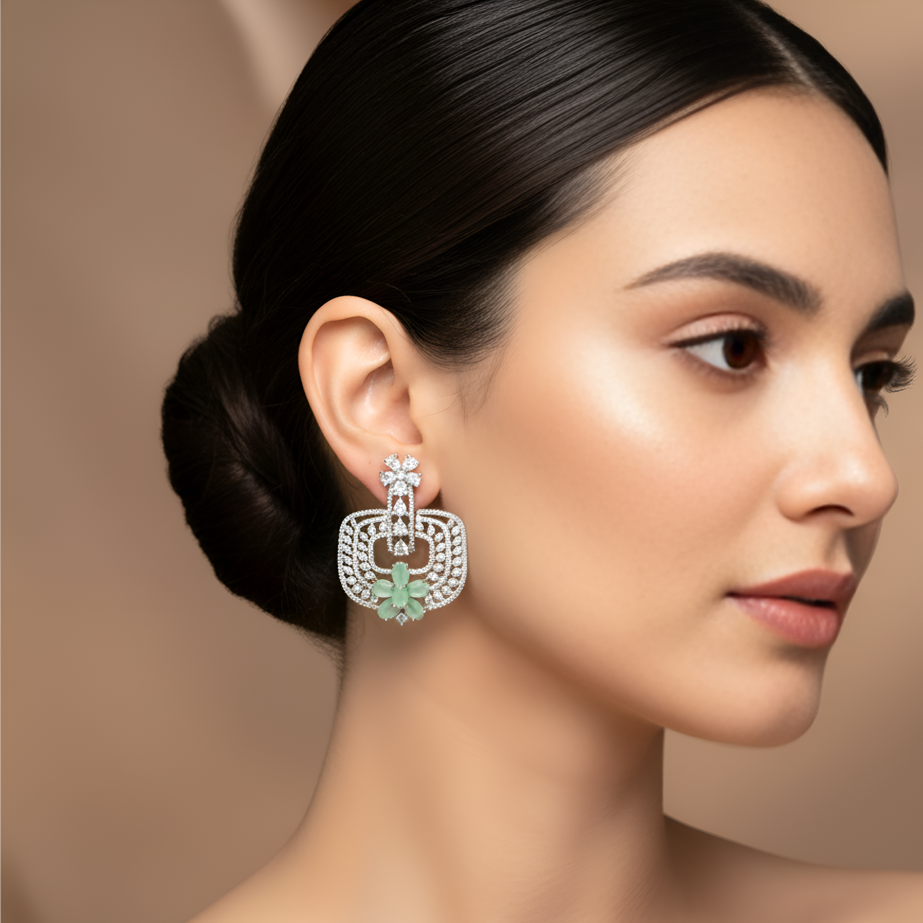 Trendy Mint Green and White American Diamond (AD) Geometric Statement Earrings | Available in Multi-Colors - Haamsi