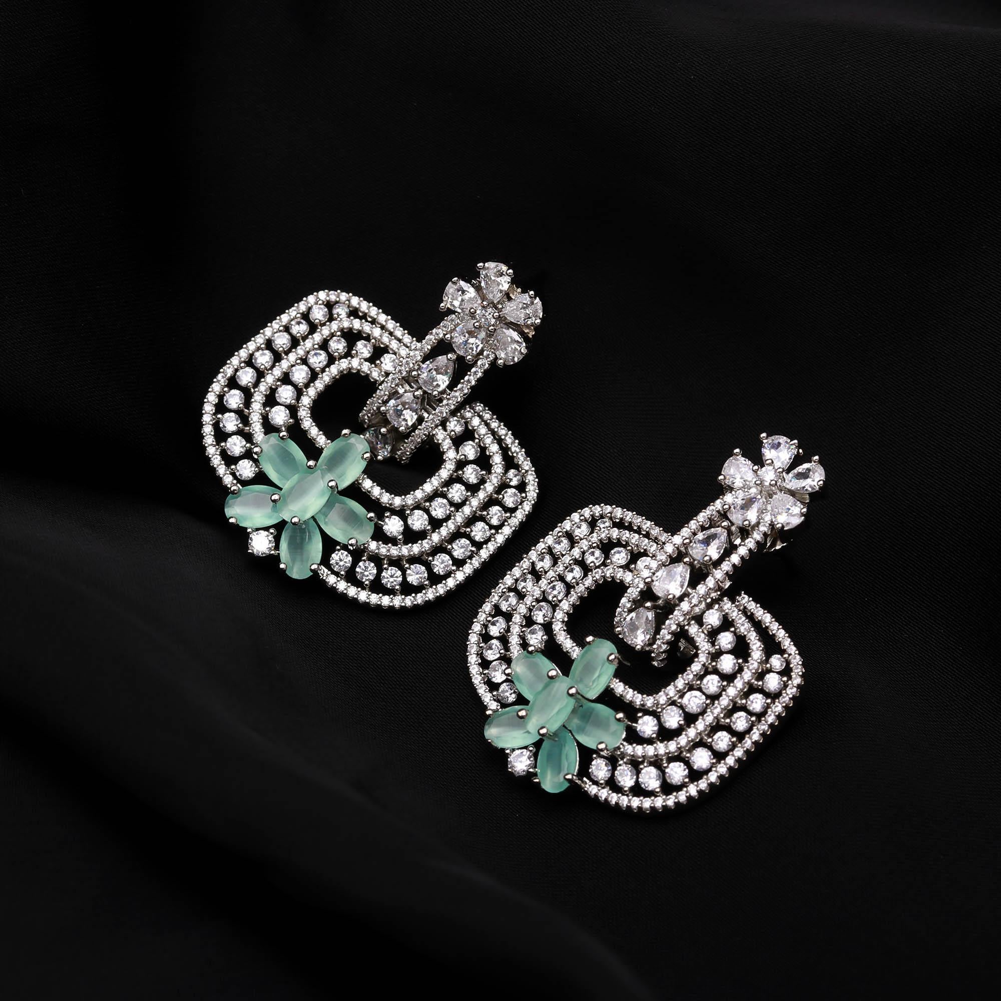 Trendy Mint Green and White American Diamond (AD) Geometric Statement Earrings | Available in Multi-Colors - Haamsi