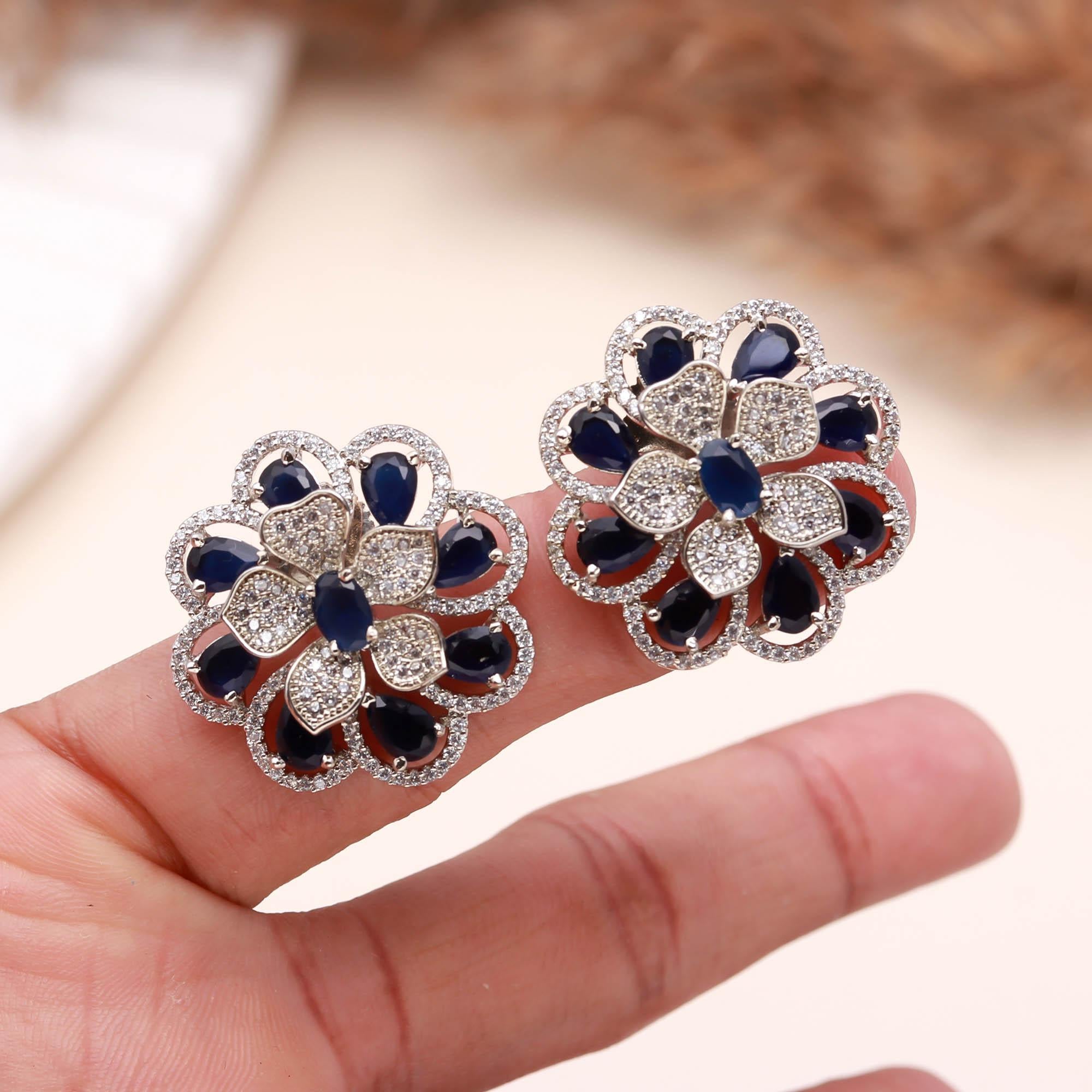 American Diamond (AD) Floral Stud Earrings | Multi-Color Options - Haamsi