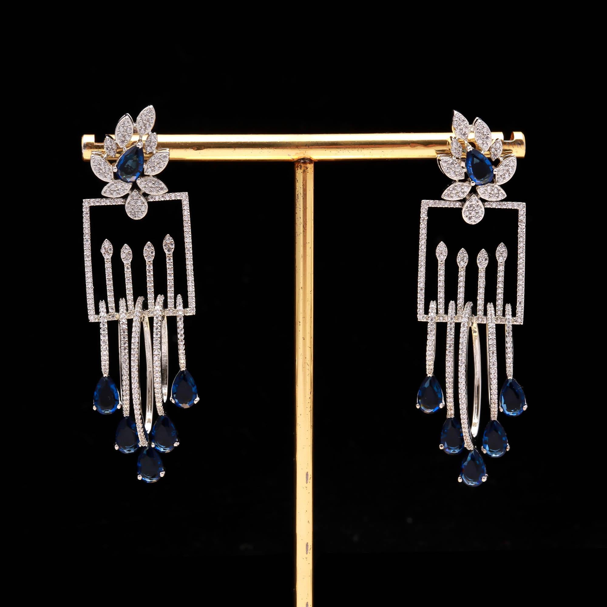 Luxury Emerald Green Stone Drop Earrings for Women | Diamond-Studded Statement Earrings - Haamsi