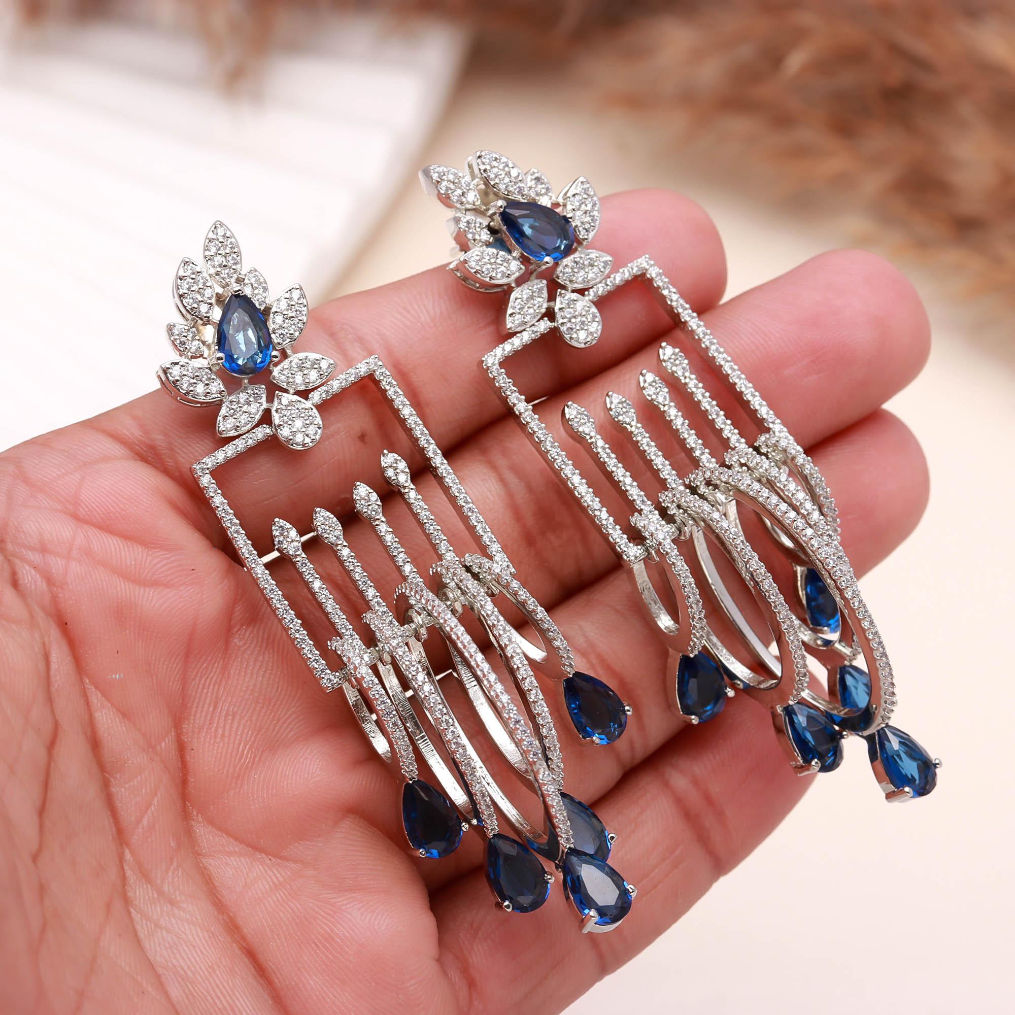 Luxury Emerald Green Stone Drop Earrings for Women | Diamond-Studded Statement Earrings - Haamsi