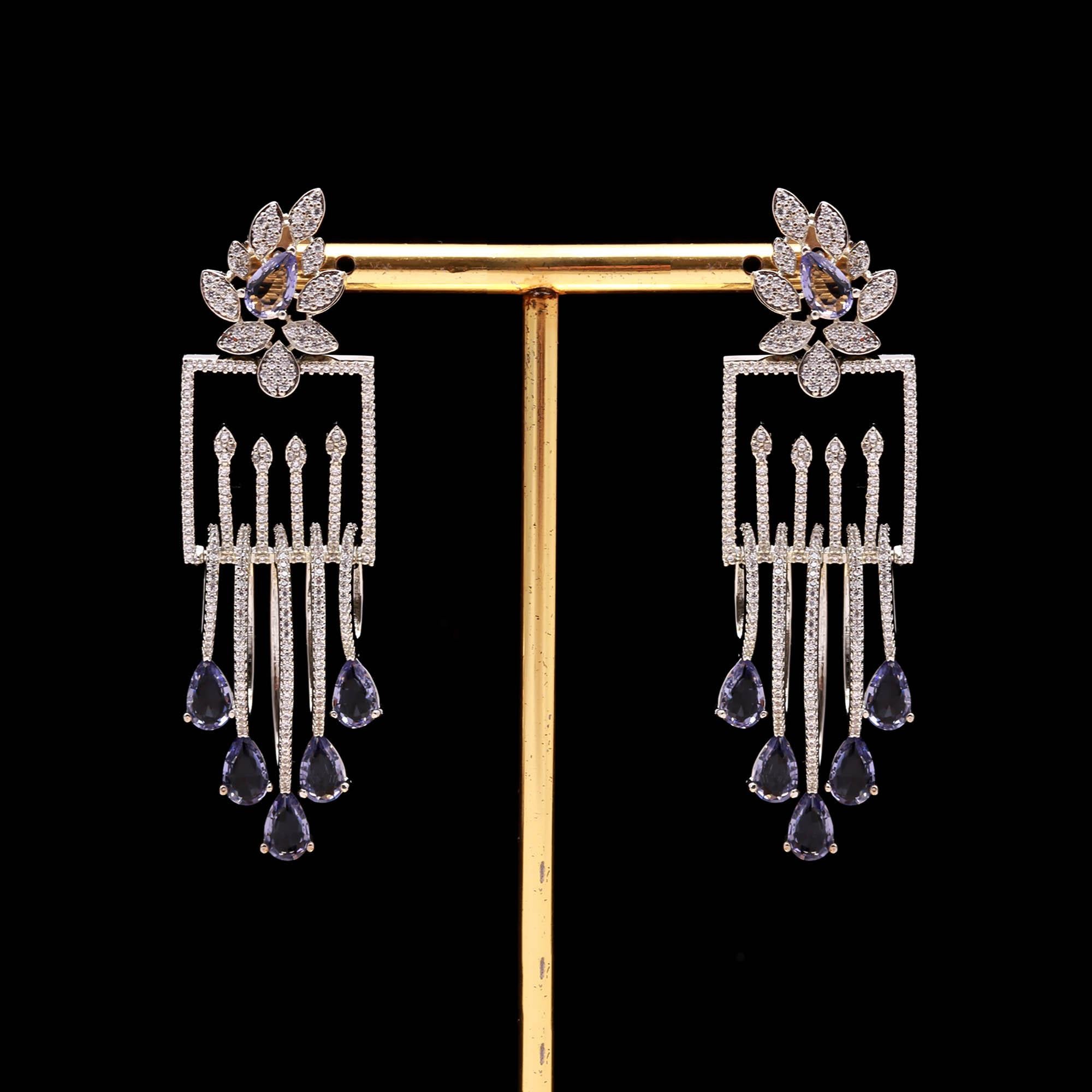 Luxury Emerald Green Stone Drop Earrings for Women | Diamond-Studded Statement Earrings - Haamsi