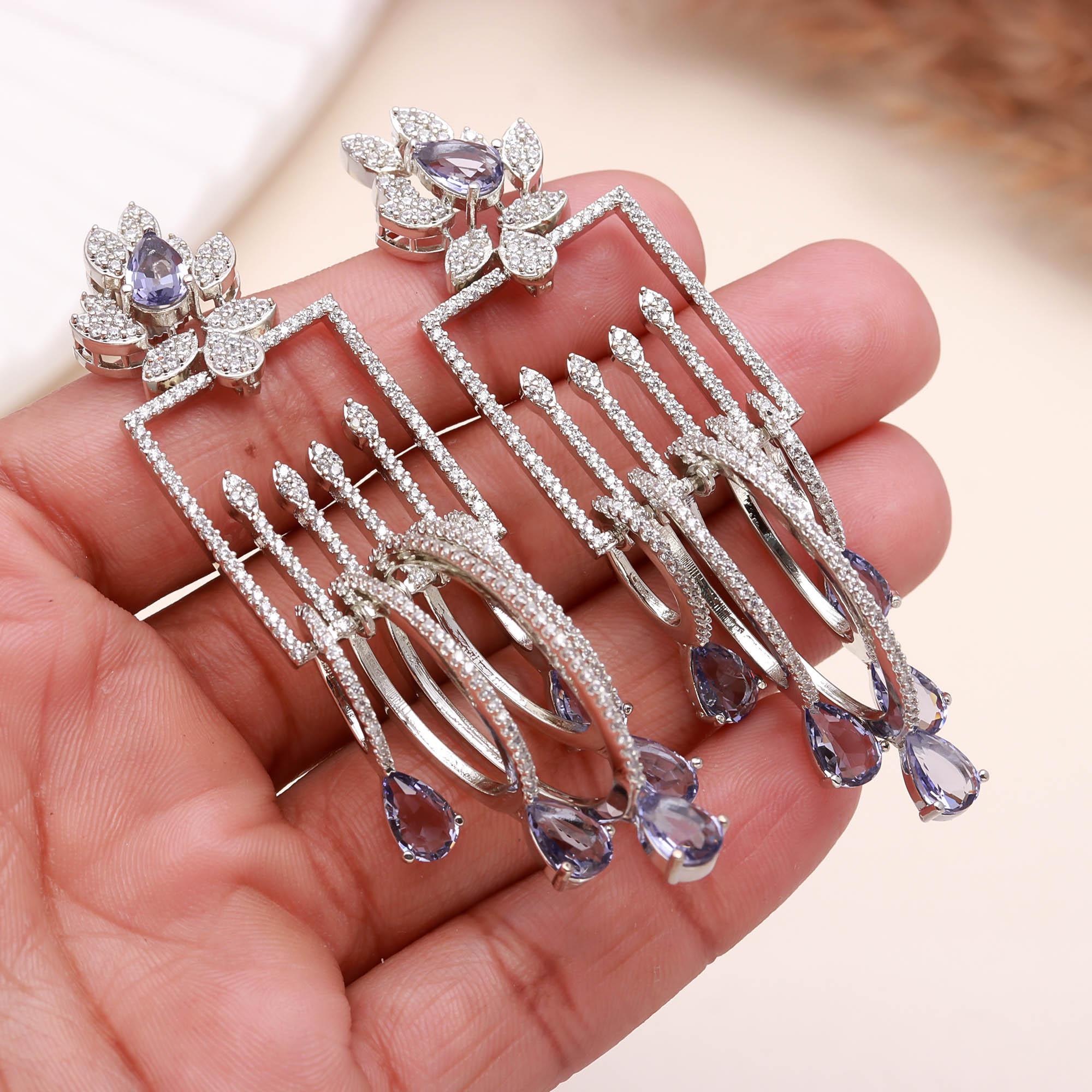 Luxury Emerald Green Stone Drop Earrings for Women | Diamond-Studded Statement Earrings - Haamsi