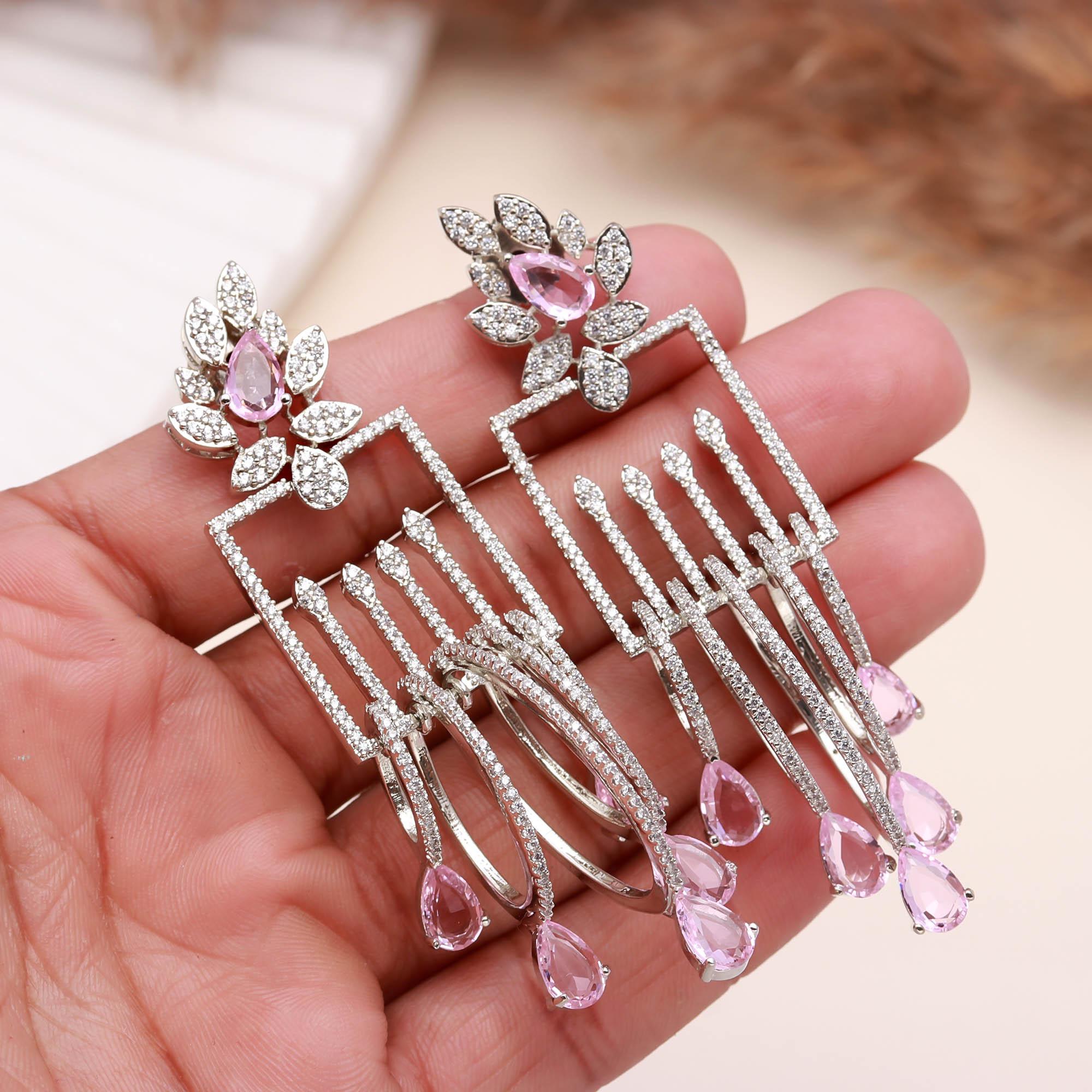 Luxury Emerald Green Stone Drop Earrings for Women | Diamond-Studded Statement Earrings - Haamsi