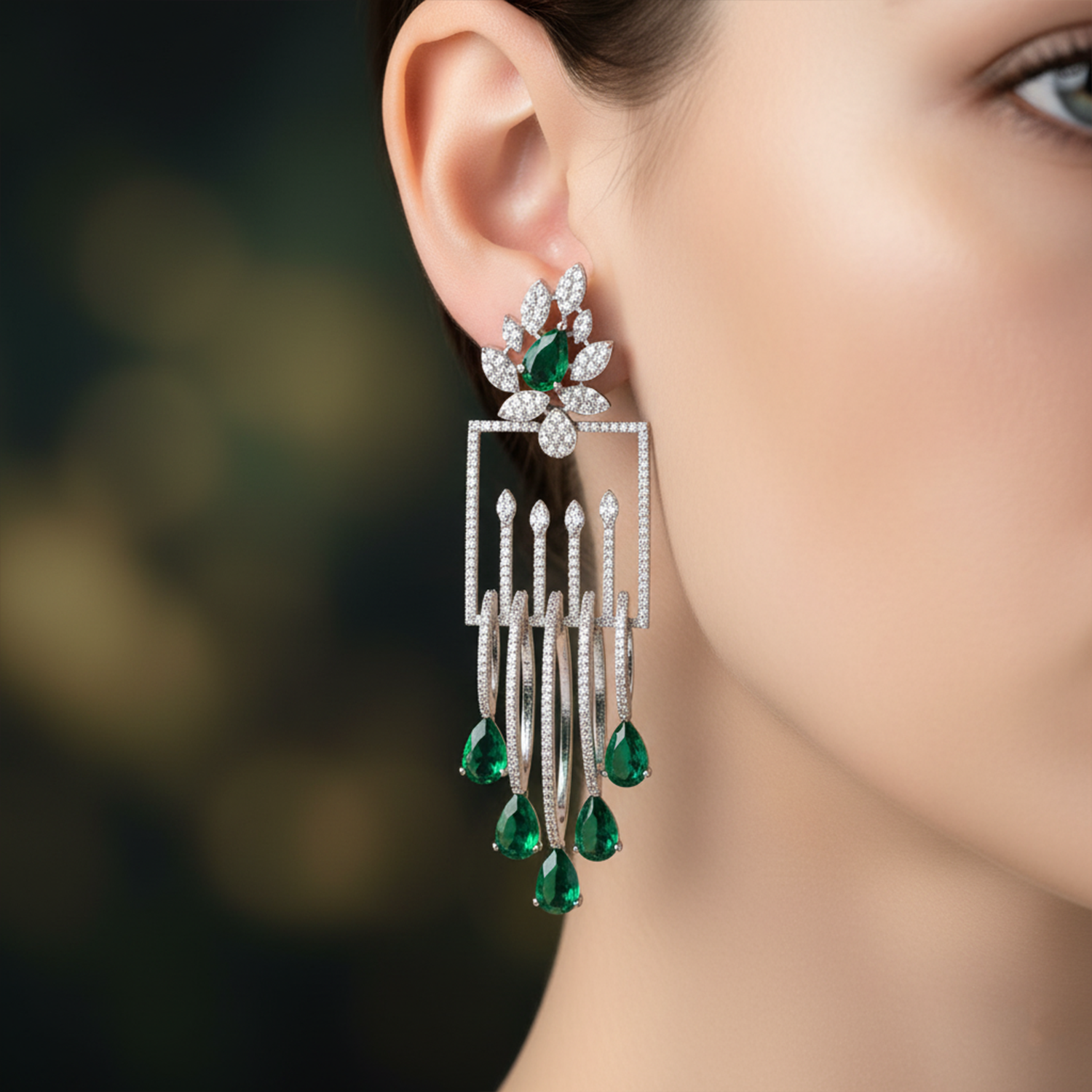 Luxury Emerald Green Stone Drop Earrings for Women | Diamond-Studded Statement Earrings - Haamsi