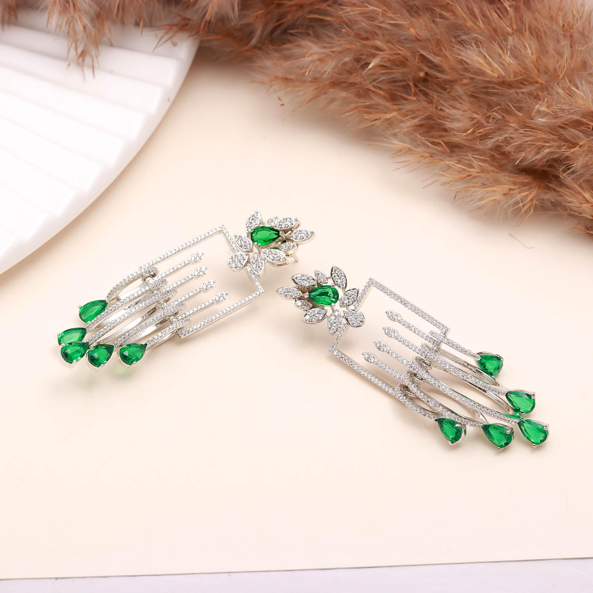 Luxury Emerald Green Stone Drop Earrings for Women | Diamond-Studded Statement Earrings - Haamsi