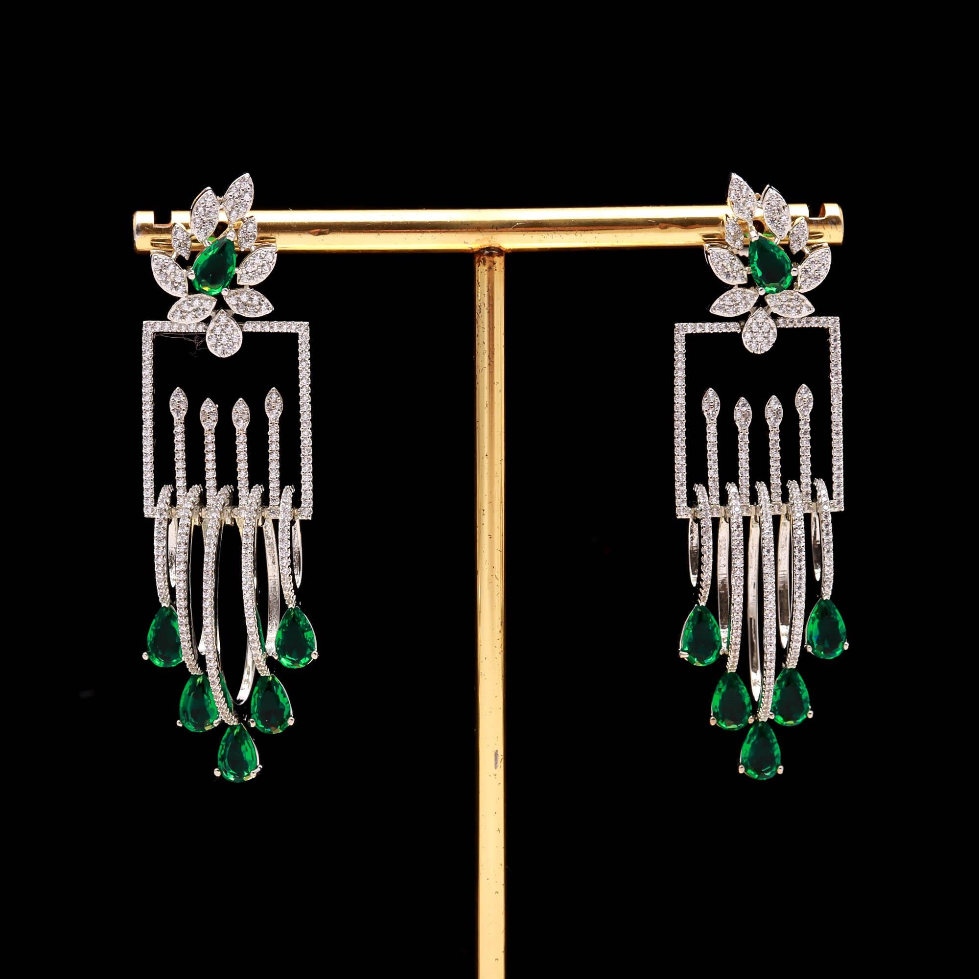 Luxury Emerald Green Stone Drop Earrings for Women | Diamond-Studded Statement Earrings - Haamsi