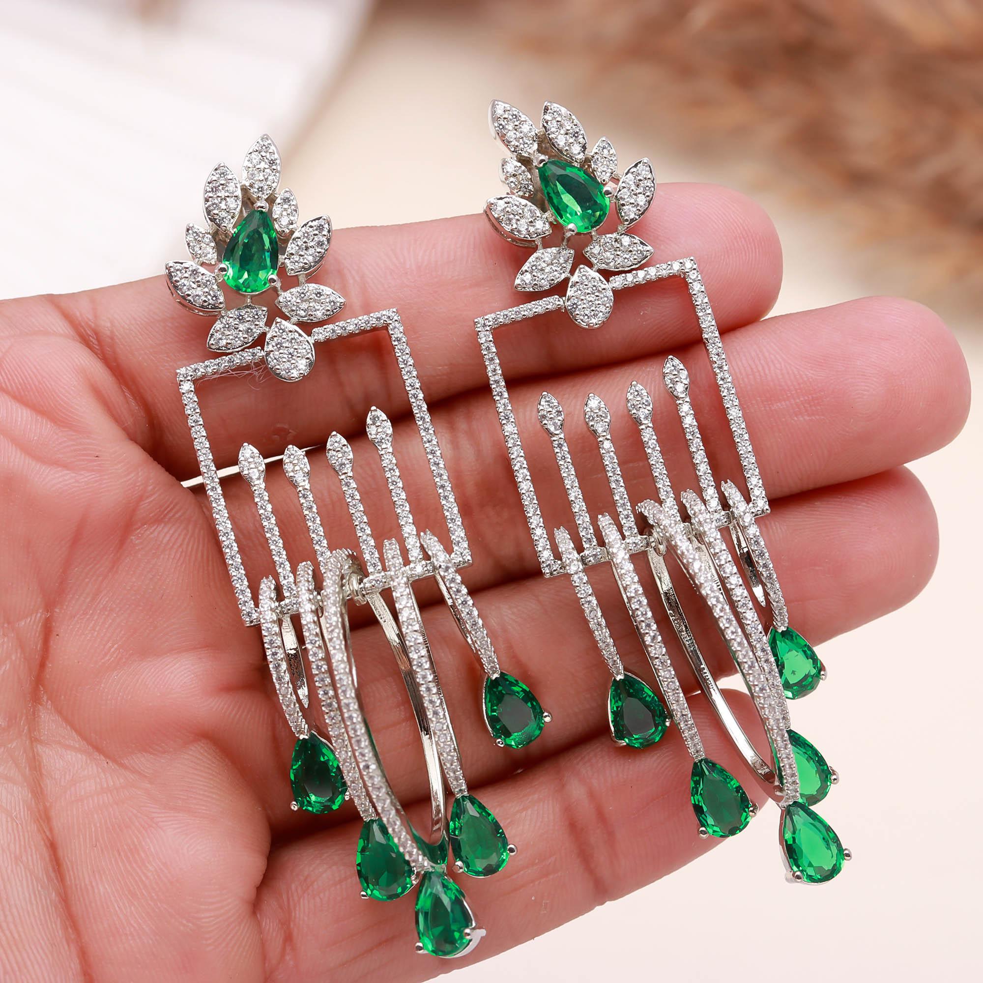 Luxury Emerald Green Stone Drop Earrings for Women | Diamond-Studded Statement Earrings - Haamsi