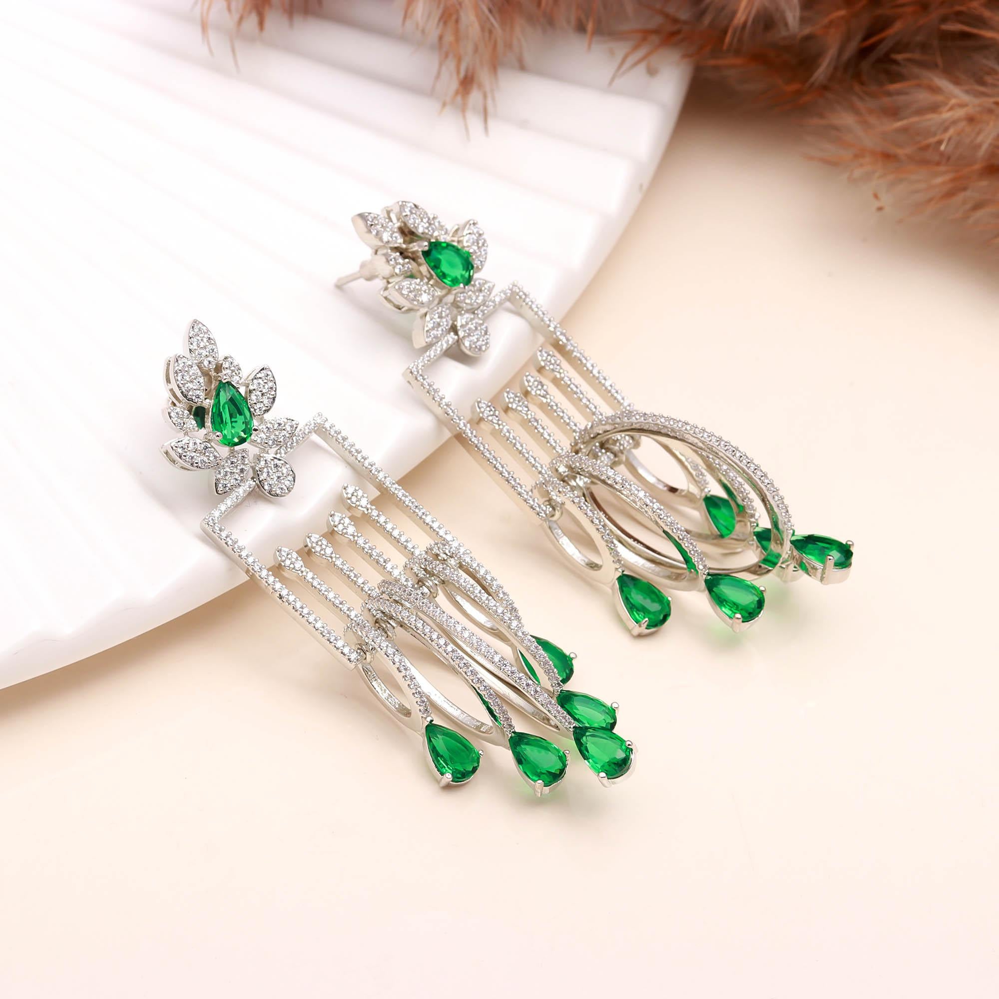 Luxury Emerald Green Stone Drop Earrings for Women | Diamond-Studded Statement Earrings - Haamsi