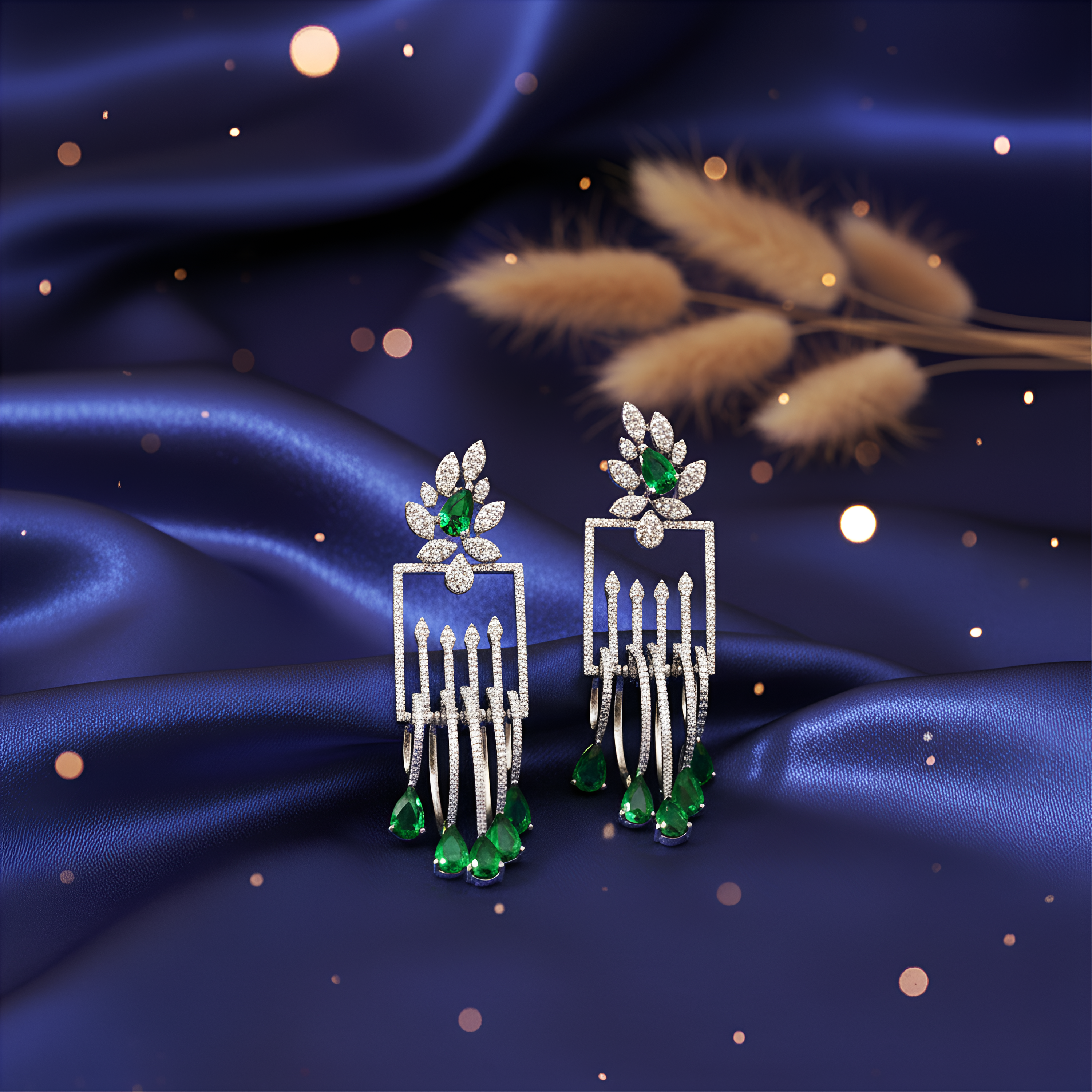 Luxury Emerald Green Stone Drop Earrings for Women | Diamond-Studded Statement Earrings - Haamsi