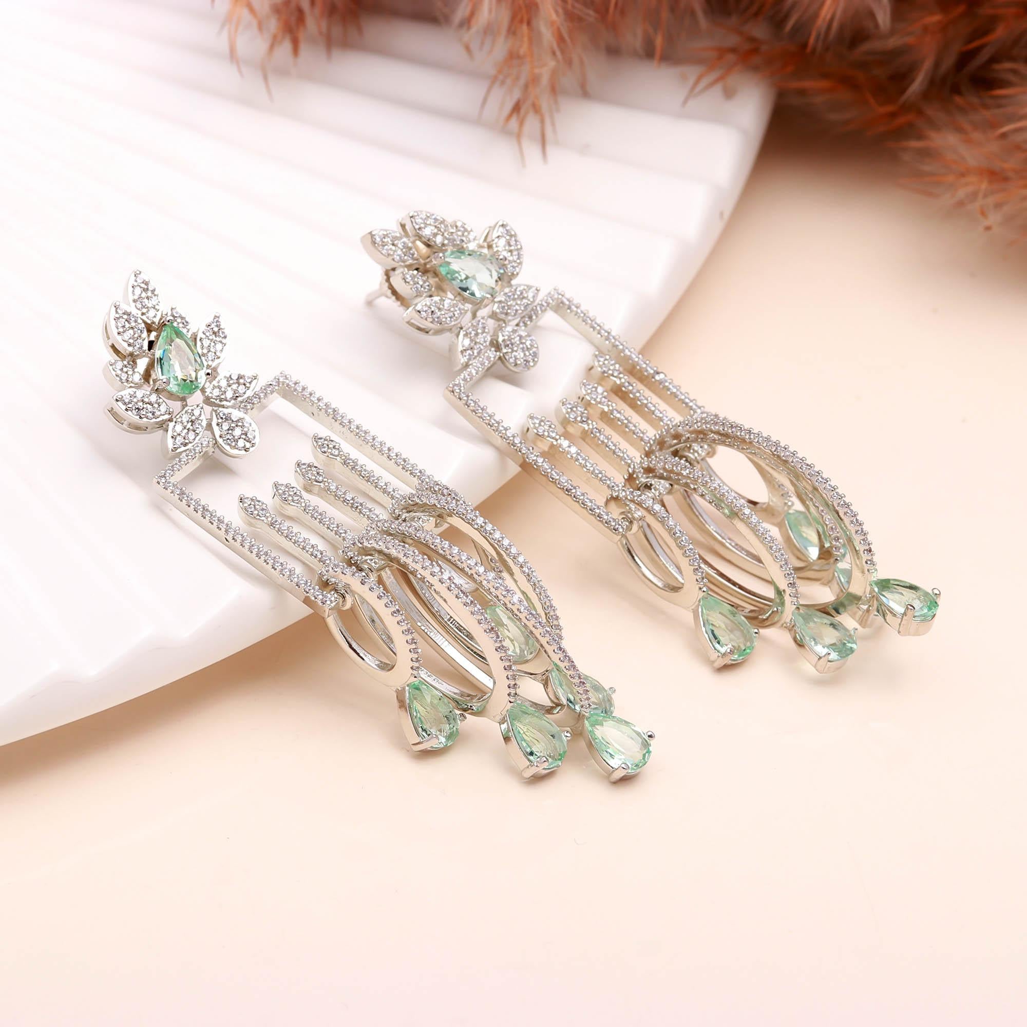 Luxury Emerald Green Stone Drop Earrings for Women | Diamond-Studded Statement Earrings - Haamsi