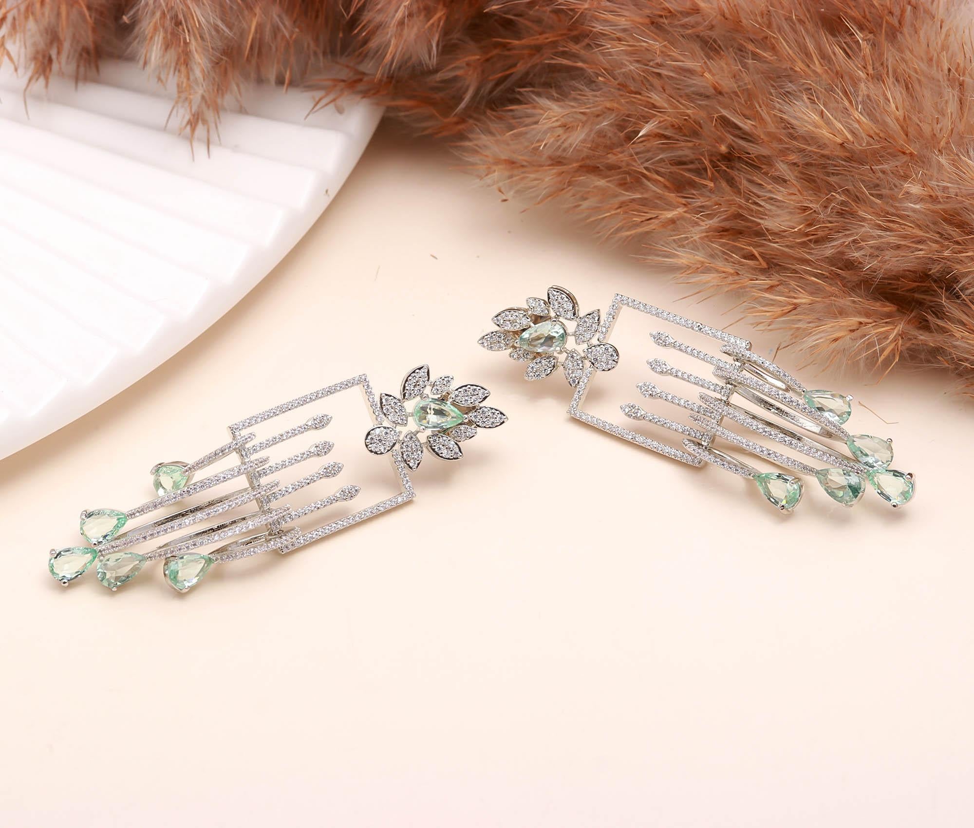 Luxury Emerald Green Stone Drop Earrings for Women | Diamond-Studded Statement Earrings - Haamsi