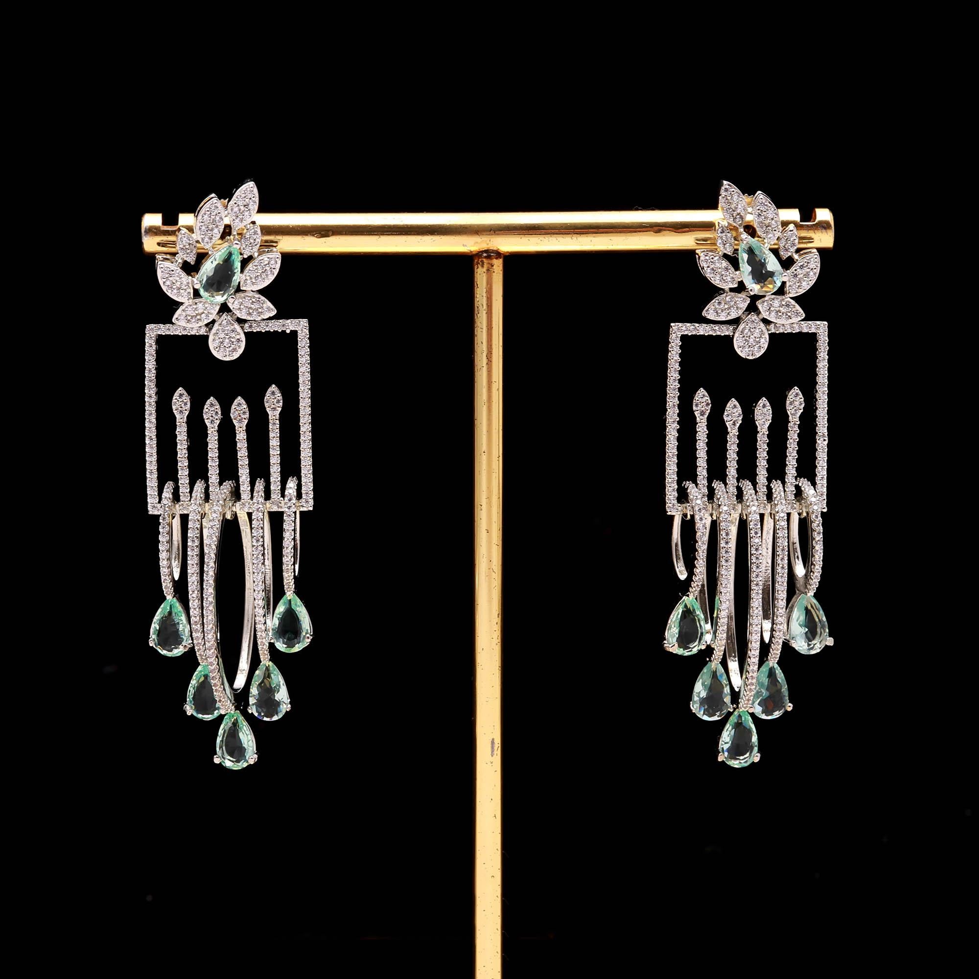 Luxury Emerald Green Stone Drop Earrings for Women | Diamond-Studded Statement Earrings - Haamsi